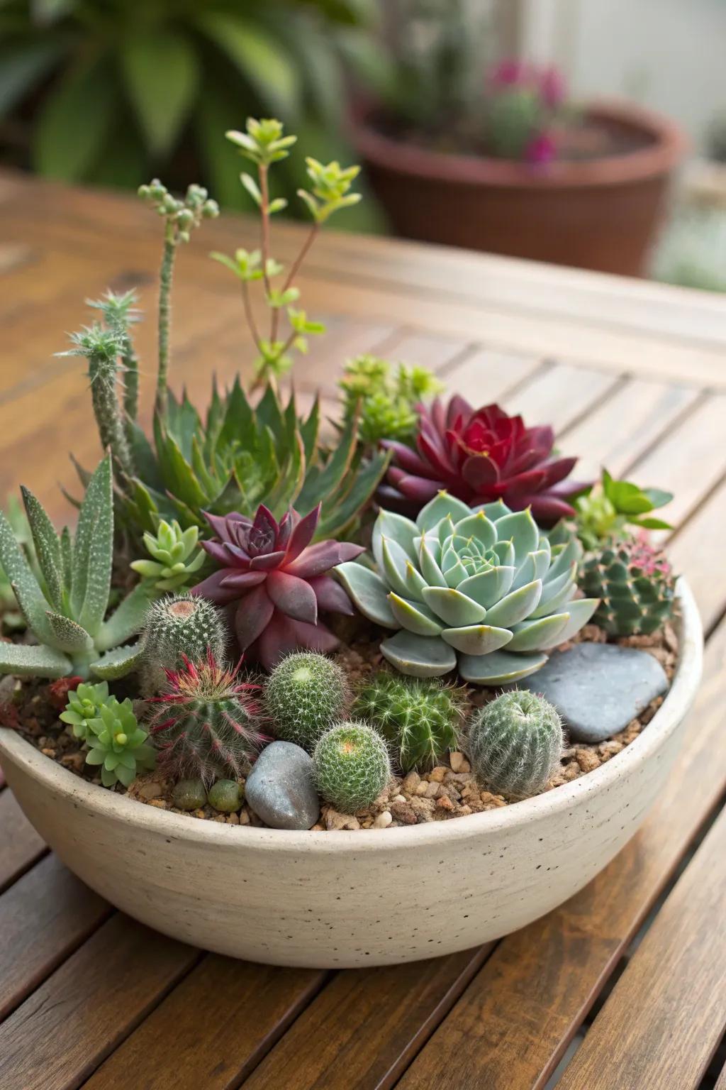 A combination of rosette and trailing succulents alongside small cacti in a dish garden.