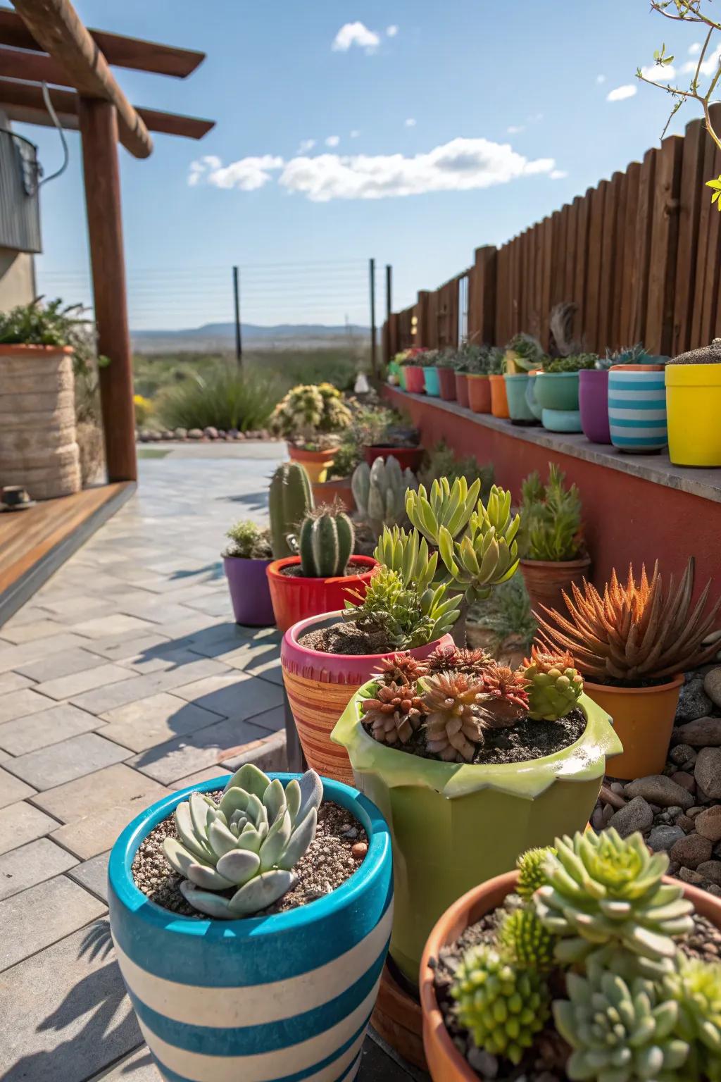 A lively array of succulents displayed in an assortment of colorful pots across a patio.