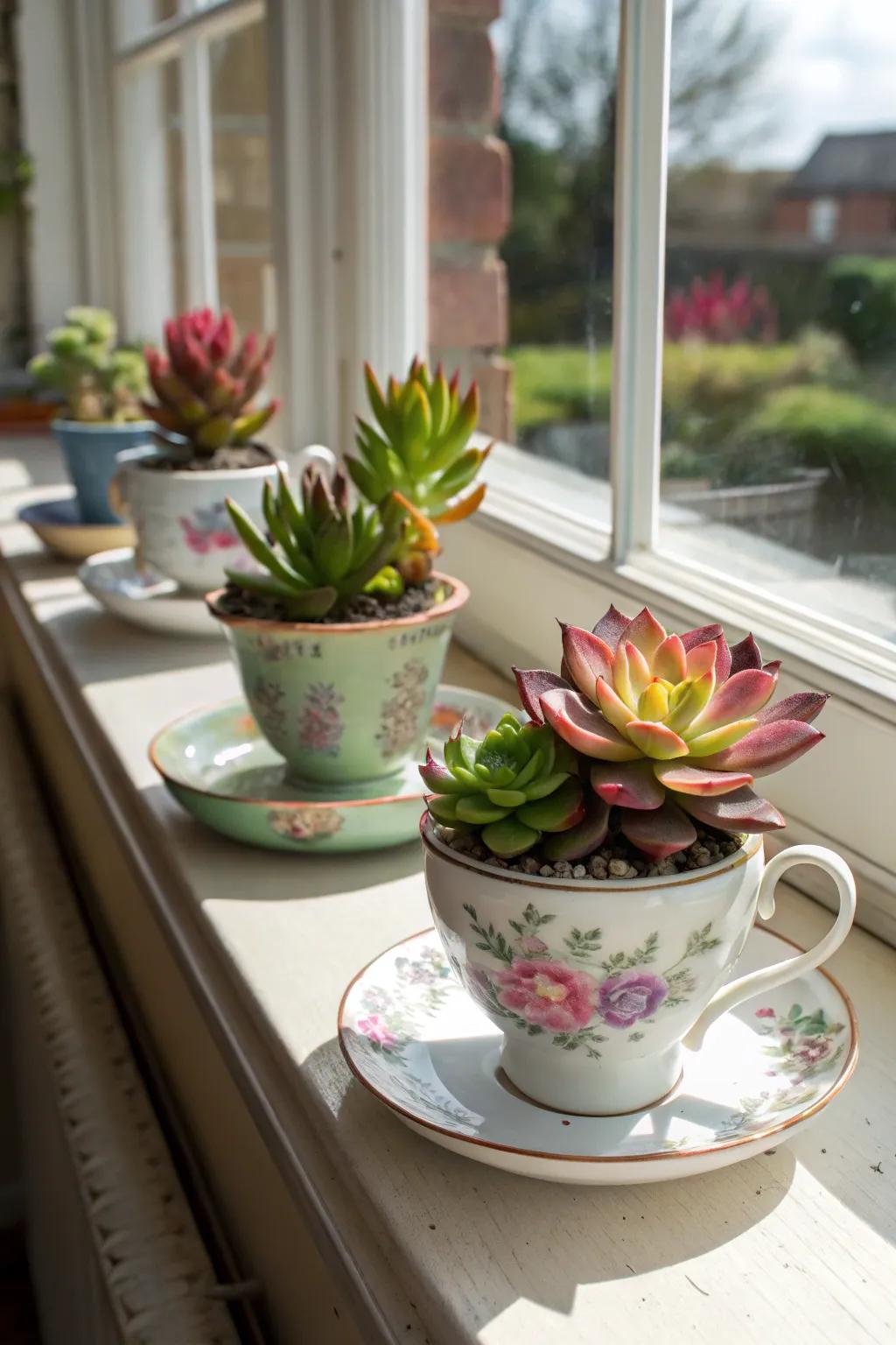 Lovely succulents nestled in vintage teacups, brightening the windowsill.