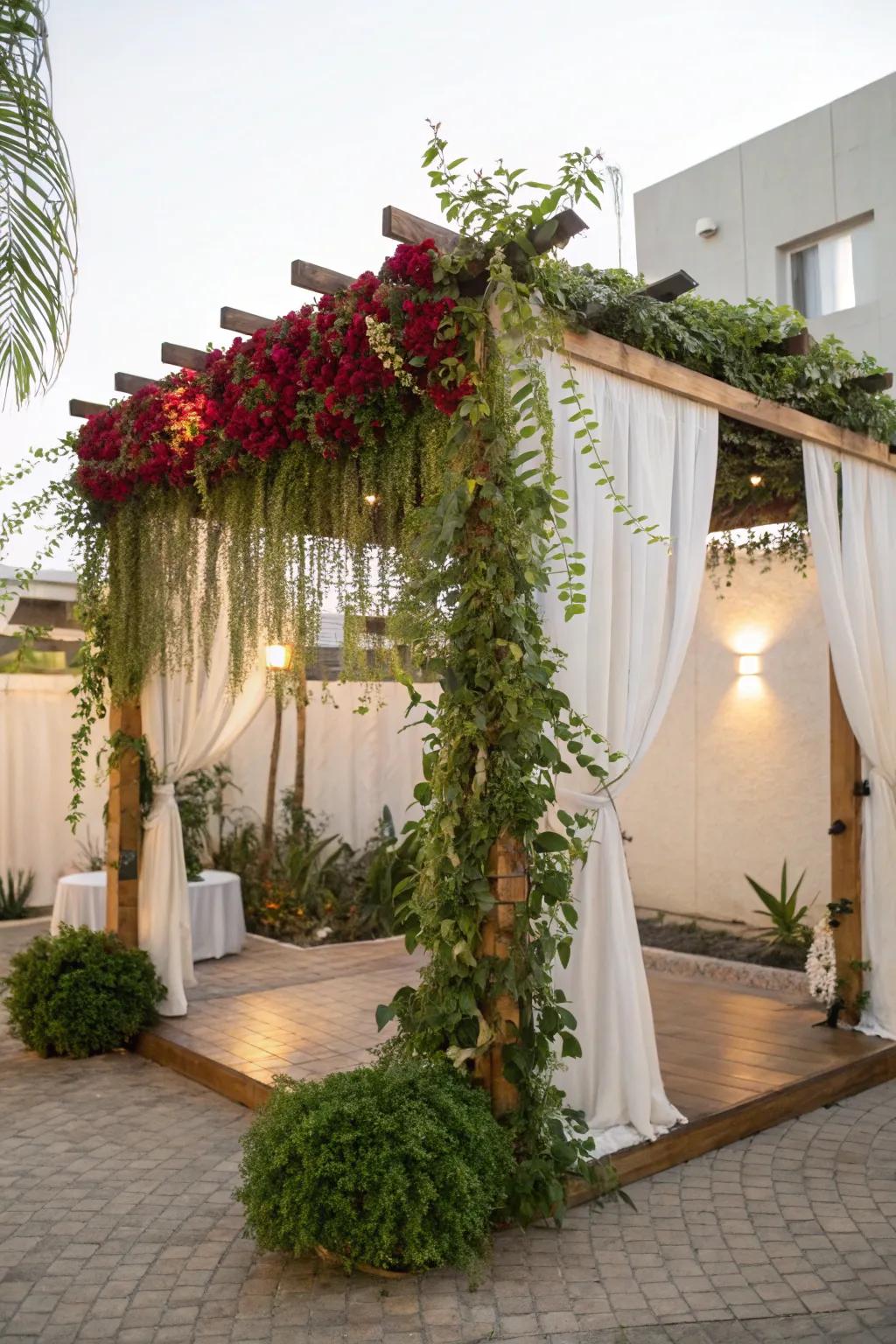 A sukkah decorated with rich greenery and flowing vines, creating a tranquil setting.