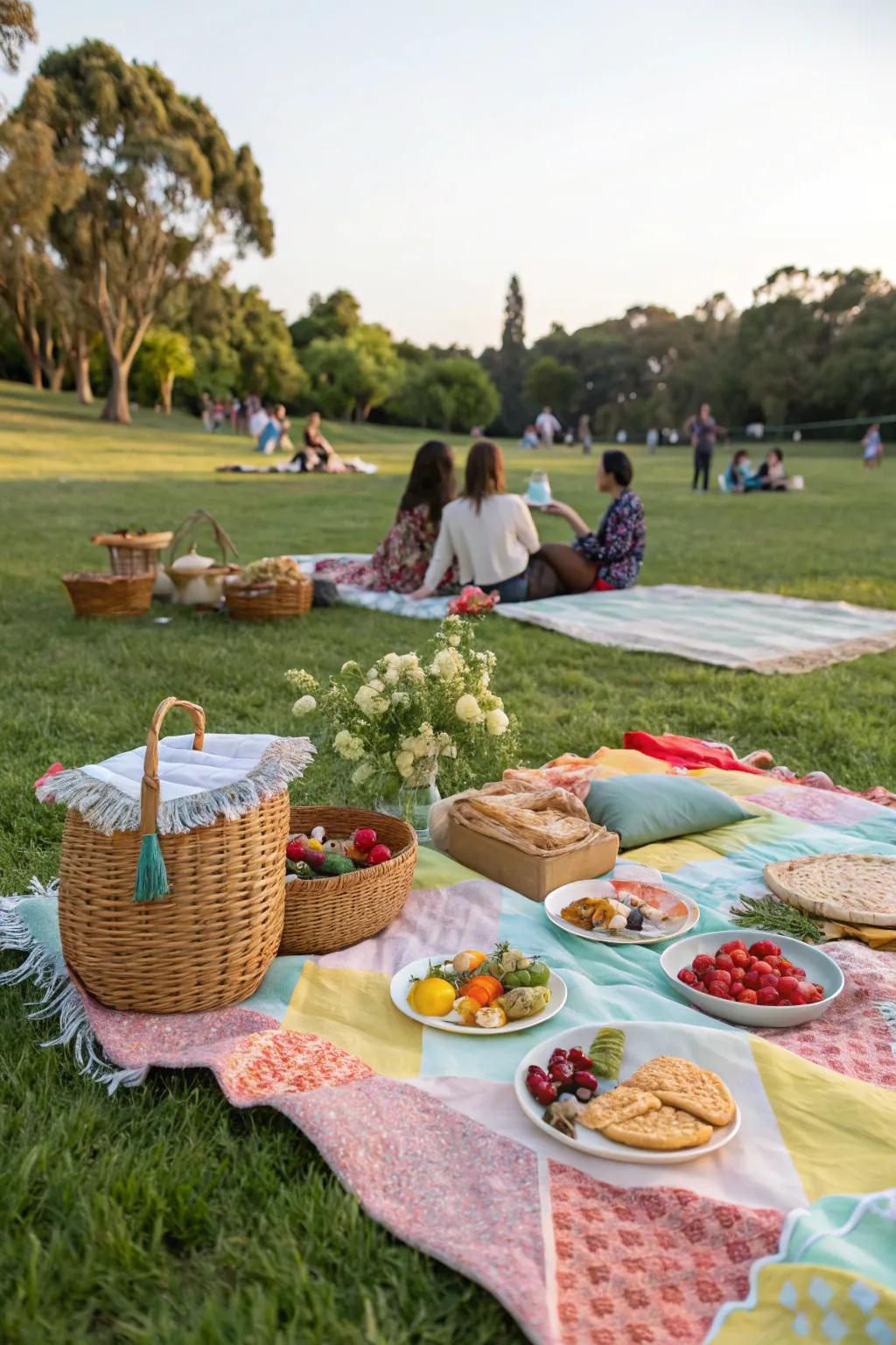 A peaceful picnic in the park crafts a serene birthday setting.