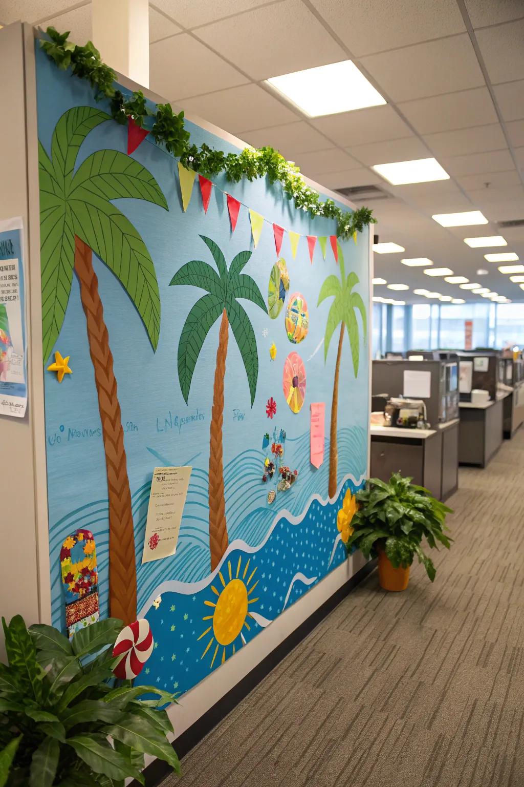 Design a tropical getaway featuring palm trees and ocean waves.