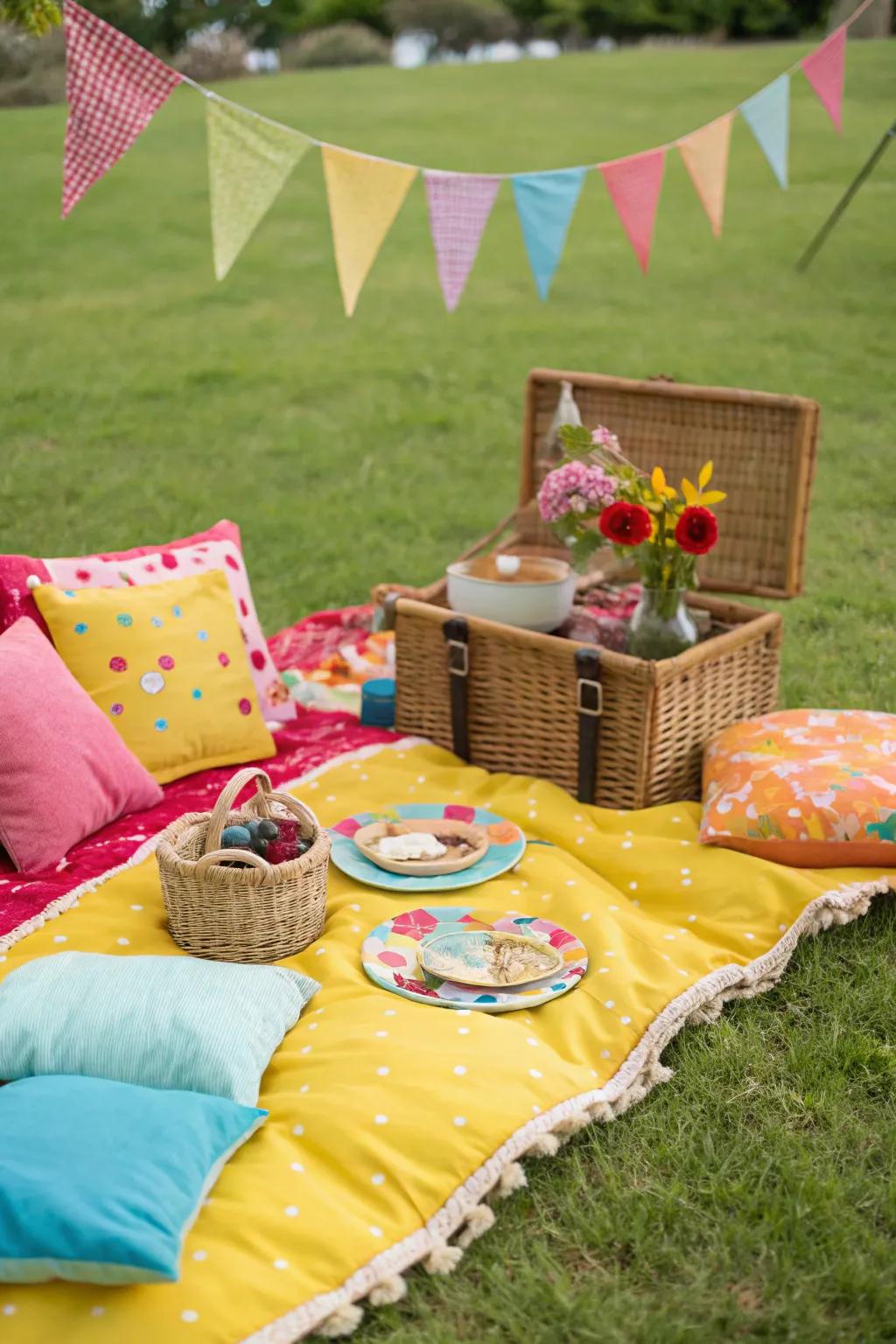 A picnic scene brimming with vibrant shades and inviting seating