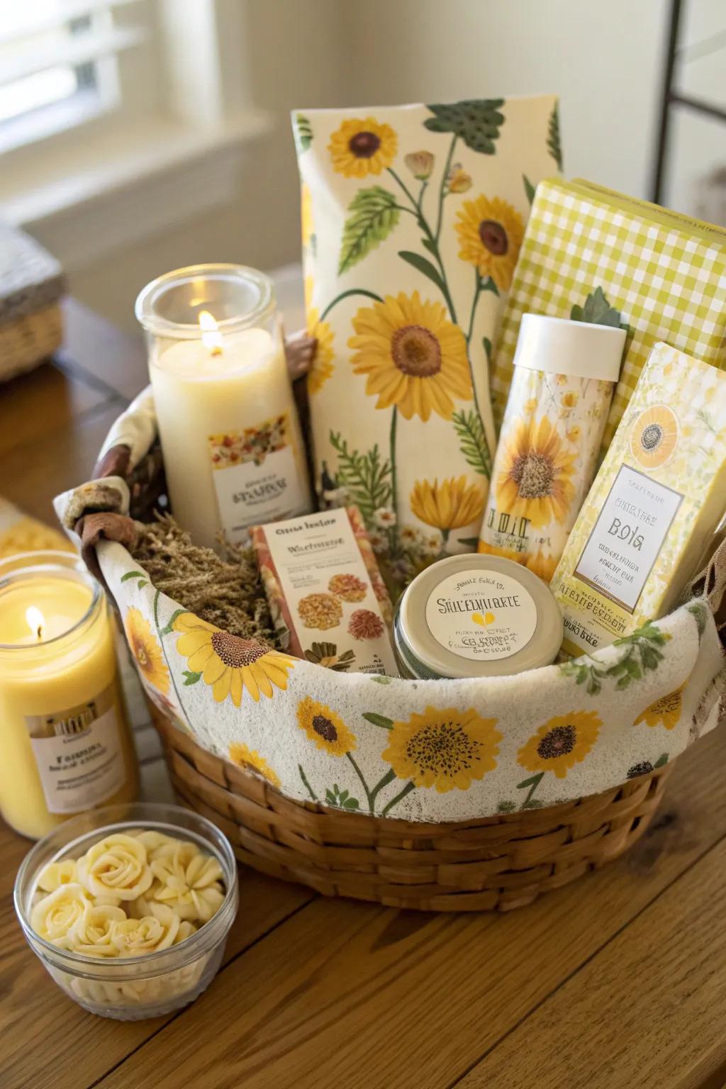 A sunflower gift basket beautifully filled with thoughtful items.