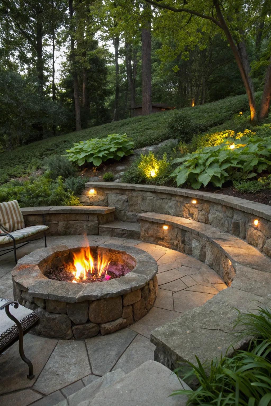 A country rock ground-level fire feature settled in nature.