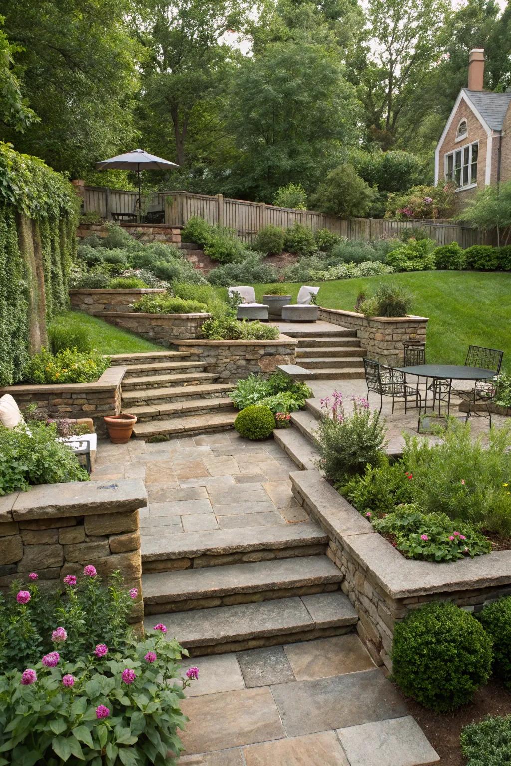 A layered sunken garden featuring welcoming steps and lush plants.