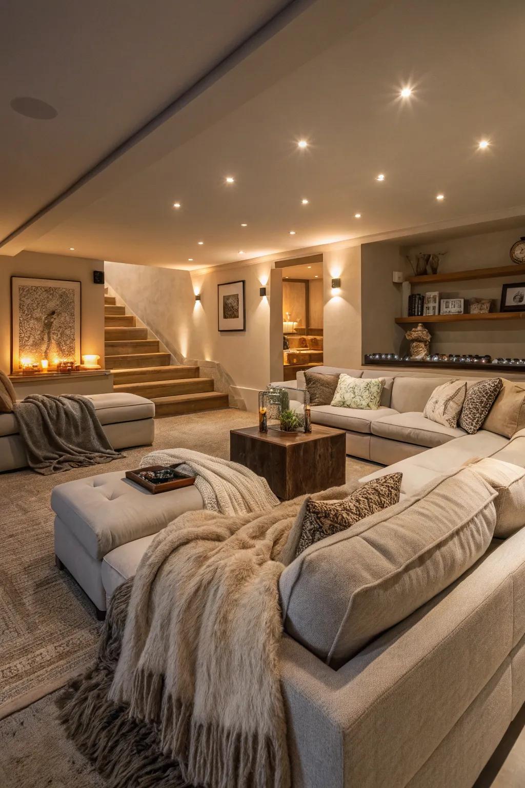 A recessed living room featuring plush couches and soft throws.