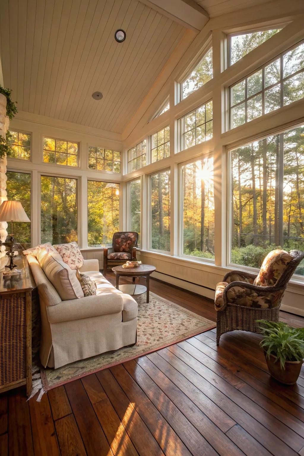 Hardwood floors infuse any sunroom with natural warmth and sophistication.