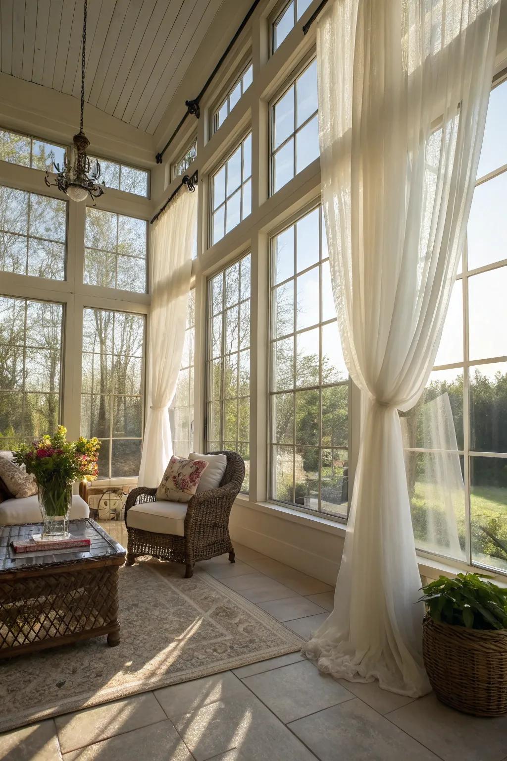 Light drapes enable sunlight to flood the space, enhancing its inherent charm.