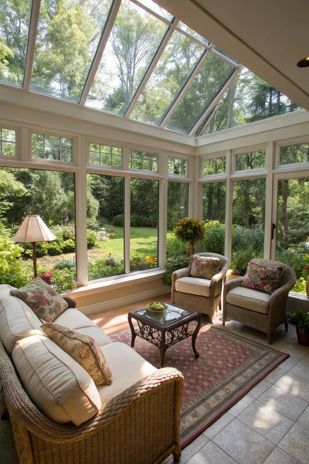 Expansive windows in a sunroom seamlessly integrate the indoor space with the outdoor garden.