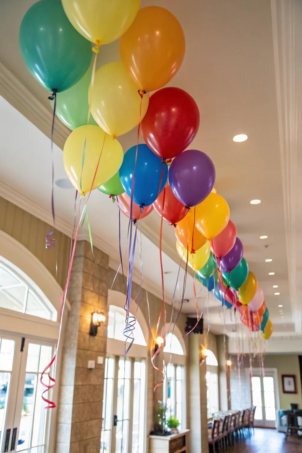 A delightful balloon-covered ceiling, perfect for a birthday surprise.