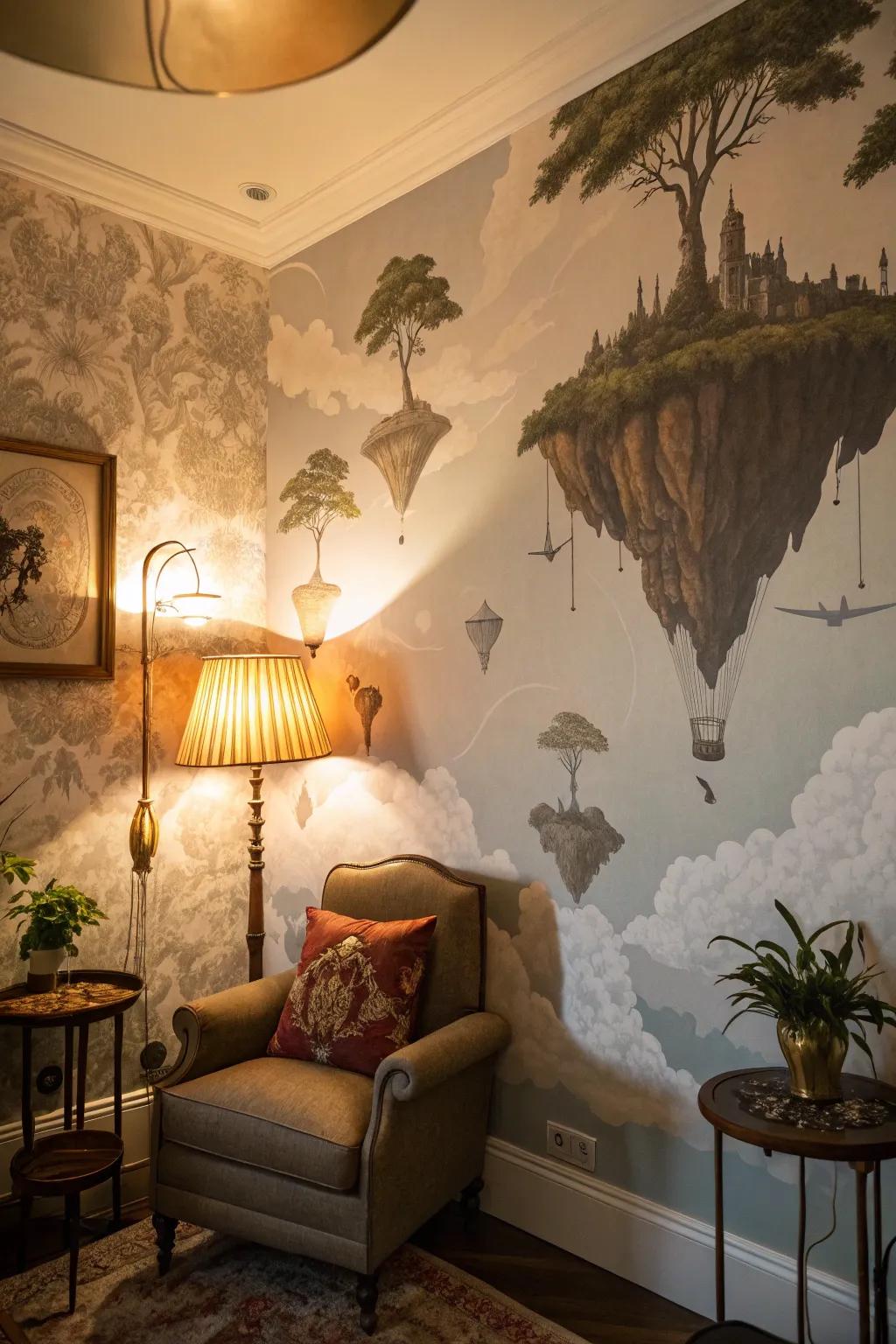 A living room showcased with a surreal wallpaper of levitating isles.