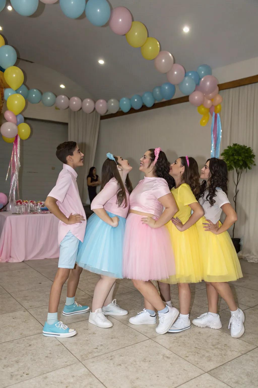 A court with matching pastel outfits.