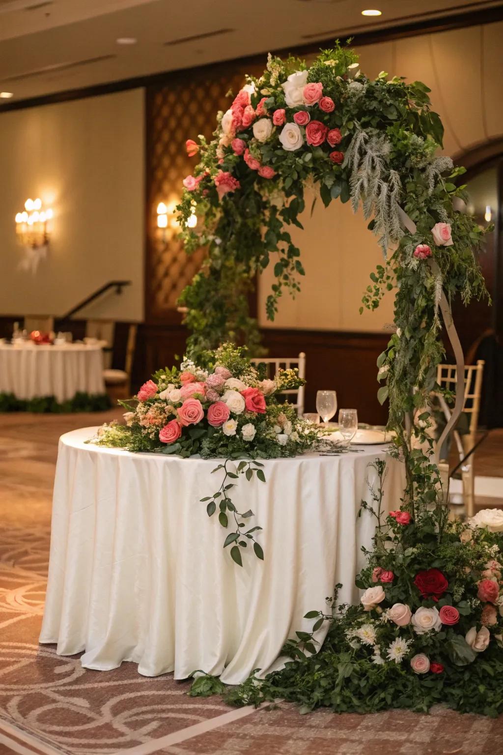 A sweetheart table immersed in vibrant floral designs, cultivating a garden-like setting.