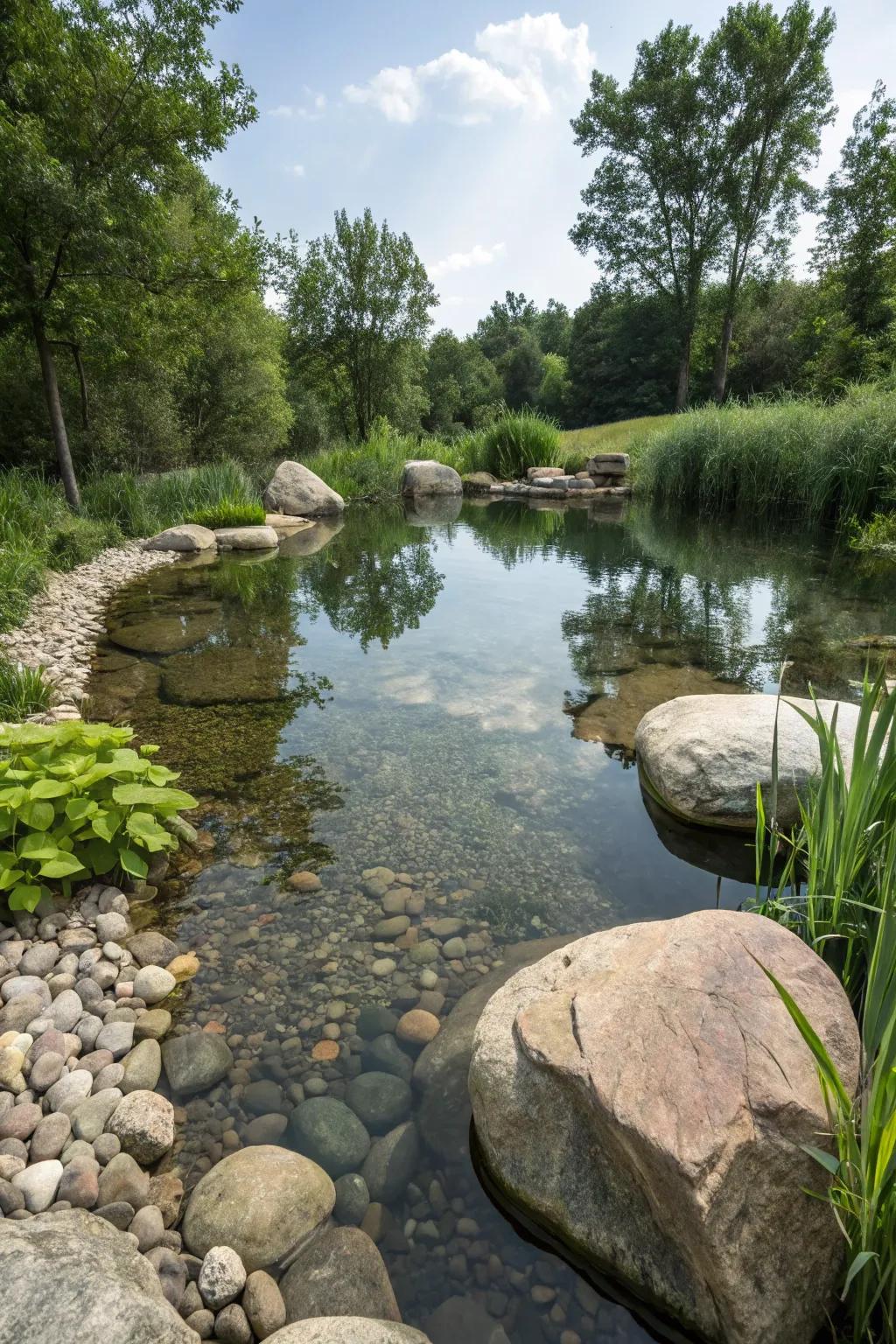 Native stones and tiny pebbles lend themselves to a fluid, organic impression for this swimming pond.