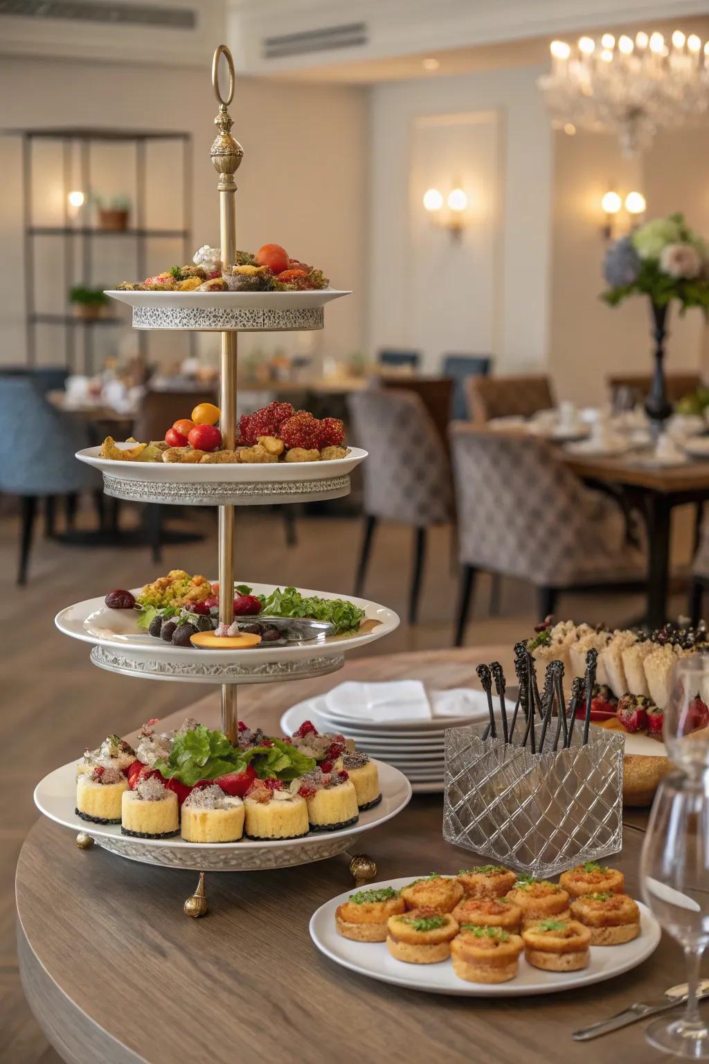 Tiered displayers introduce sophistication and usefulness to your buffet.
