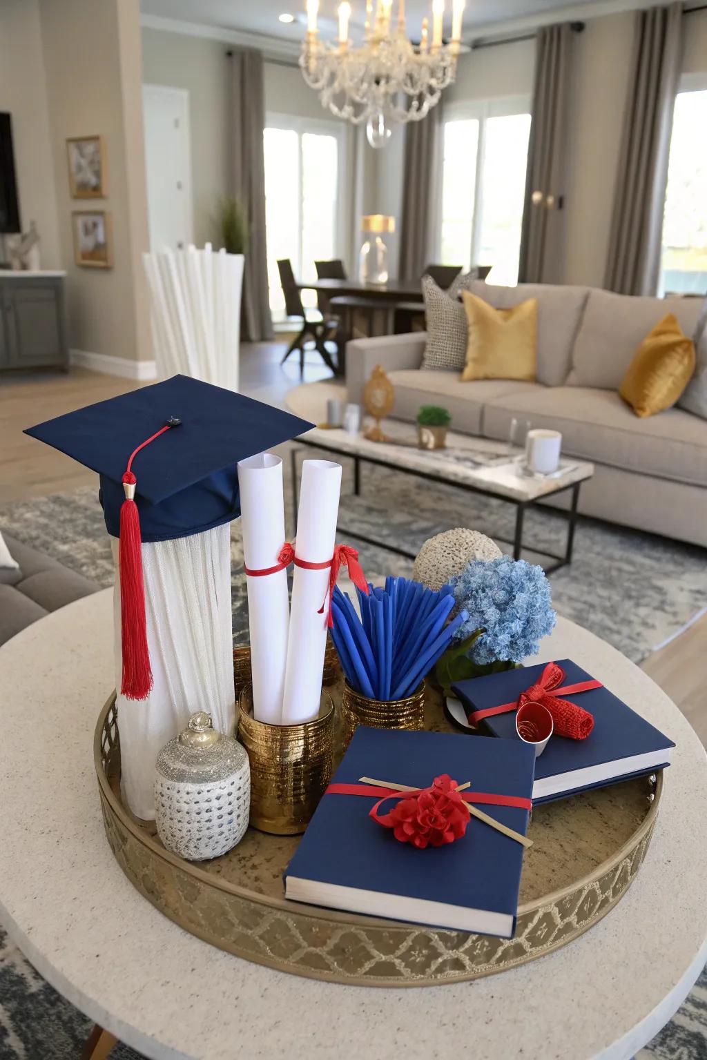Elegant centerpieces that incorporate school colors and miniature diplomas to enhance the celebratory atmosphere.