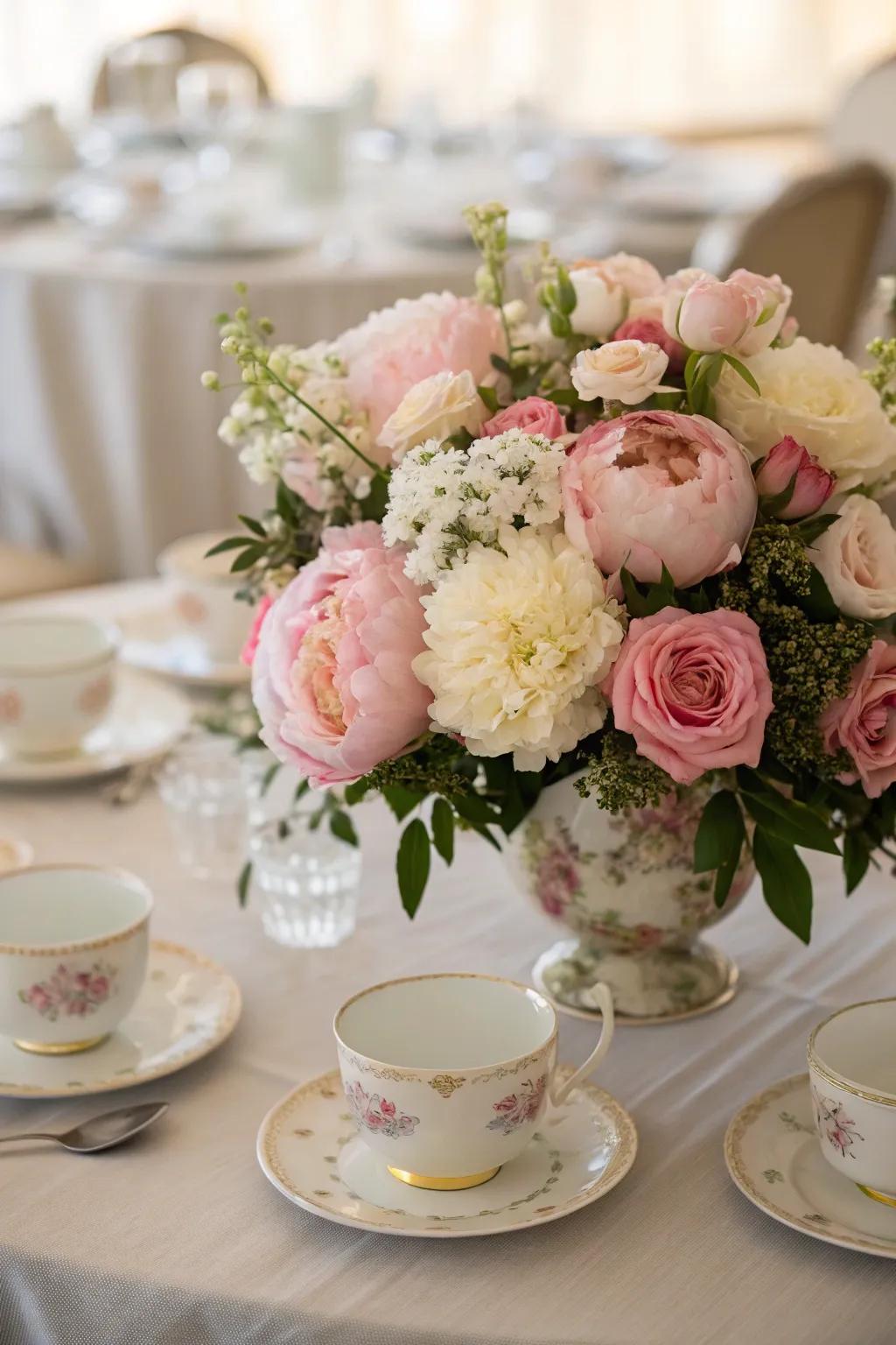 A floral centerpiece featuring peonies and roses enhances the tea party ambiance.
