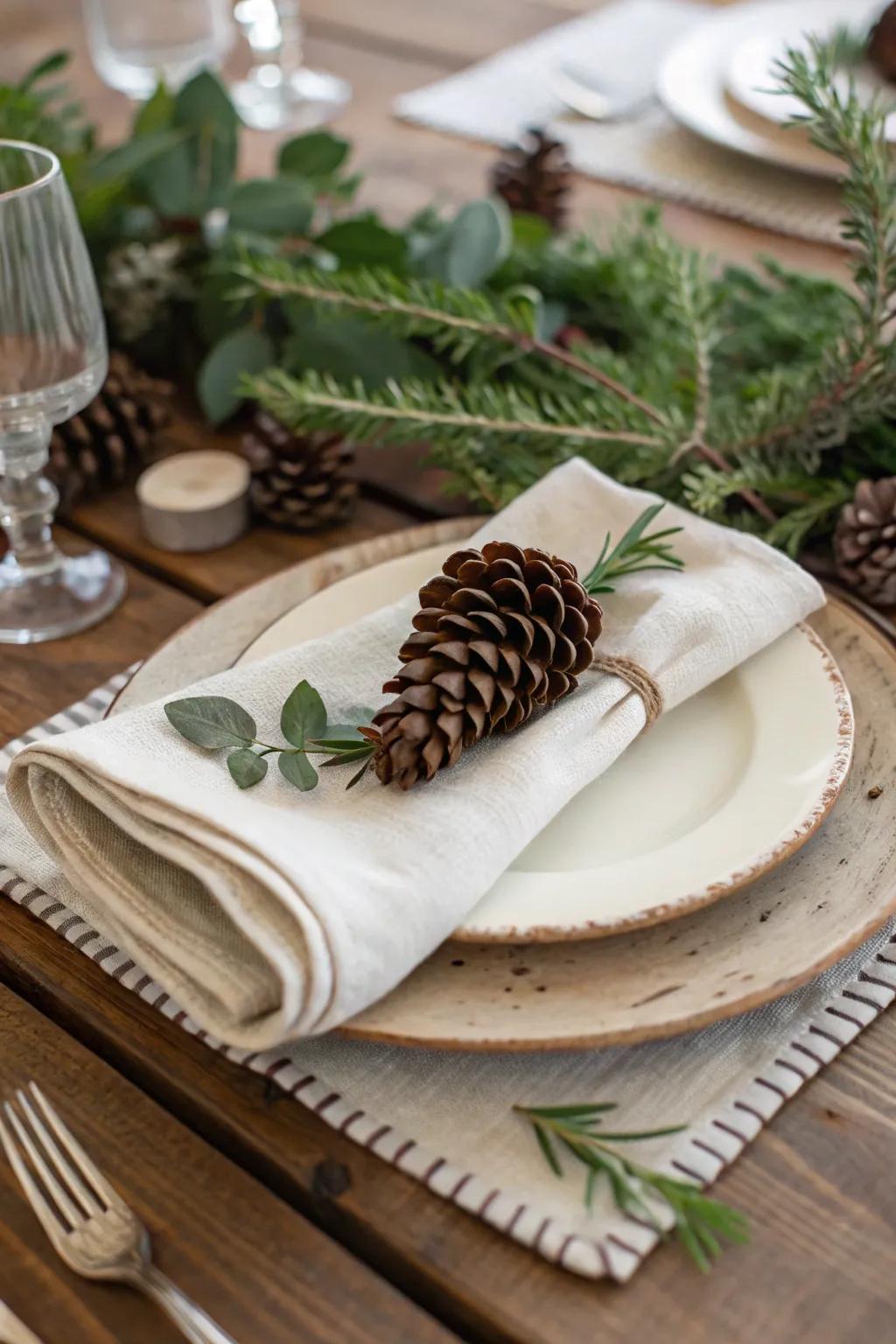 Country-inspired table beautifully accented with a cone and greenery.