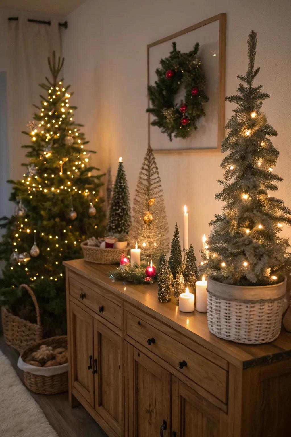 A delightful presentation of a miniature forest displayed on a living room console.