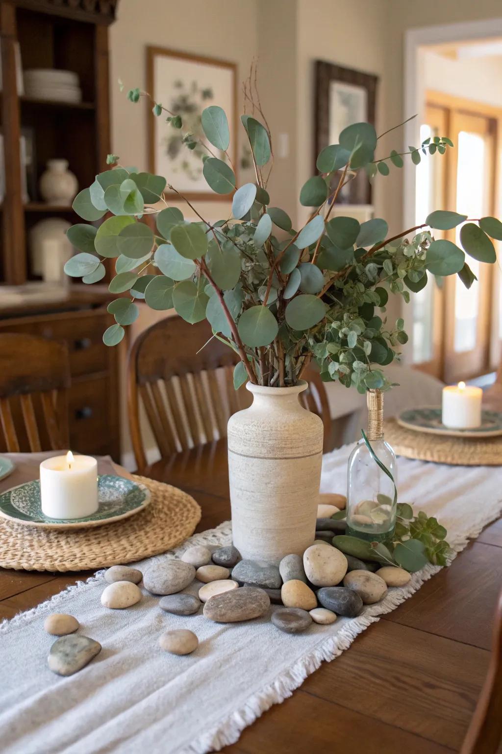 Nature-inspired tabletop arrangement featuring eucalyptus and organic touches.