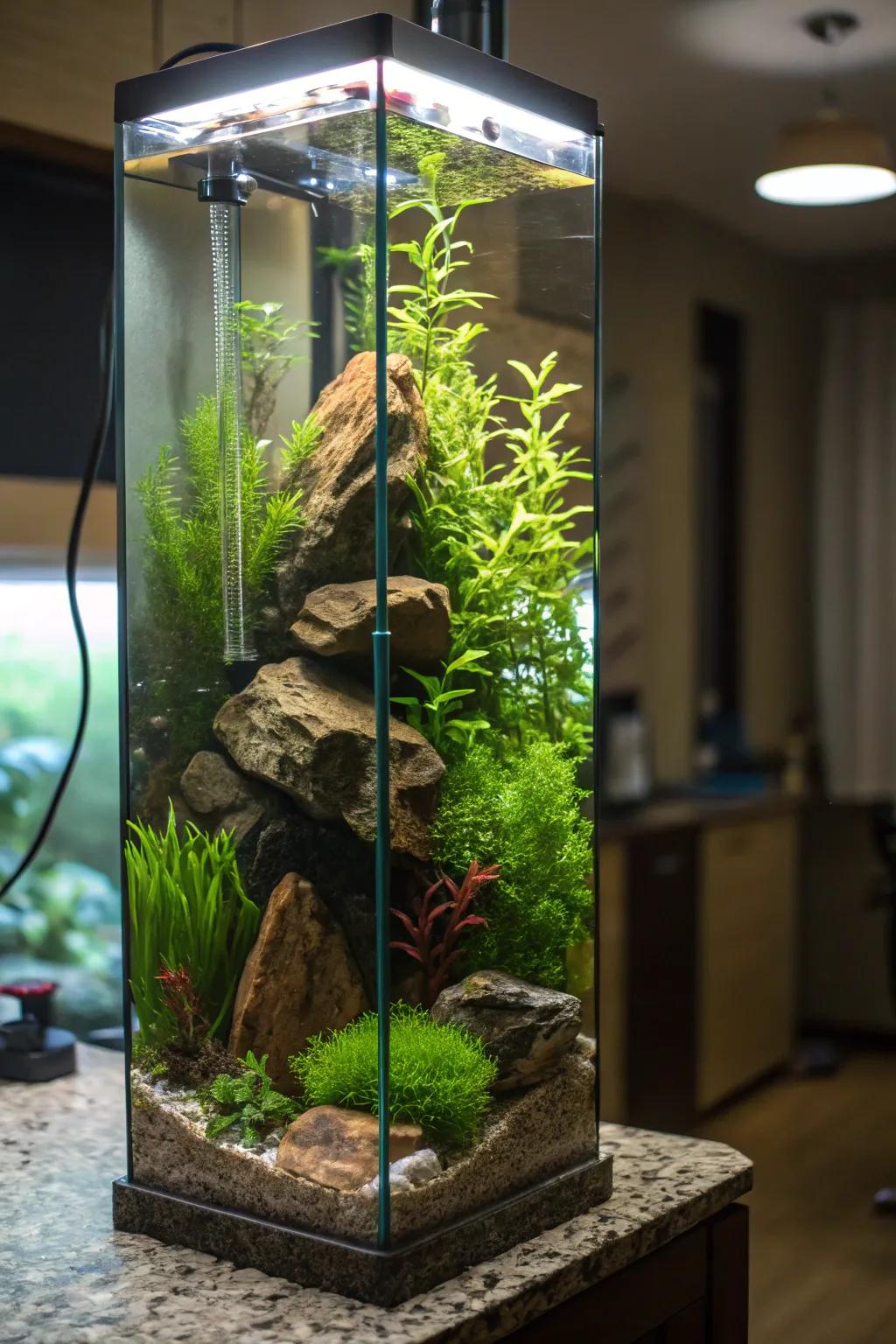 An elongated aquarium morphed into an upright botanical sanctuary.