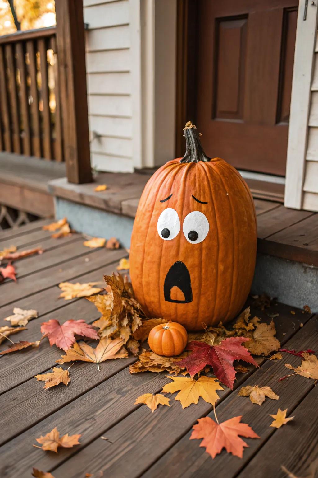 A startled pumpkin brings a playful element to any setting.