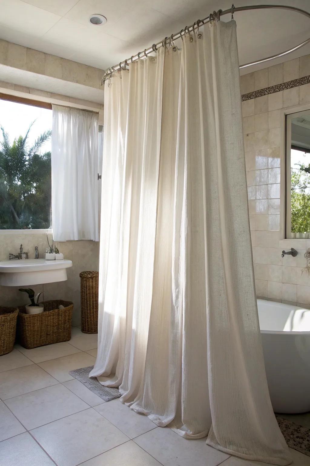 Shower curtains extending from ceiling to floor enhance the perceived height and sophistication of your bathroom.