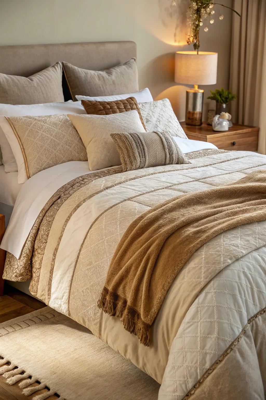 Tan and beige bedding in layers creates a welcoming and cozy atmosphere.