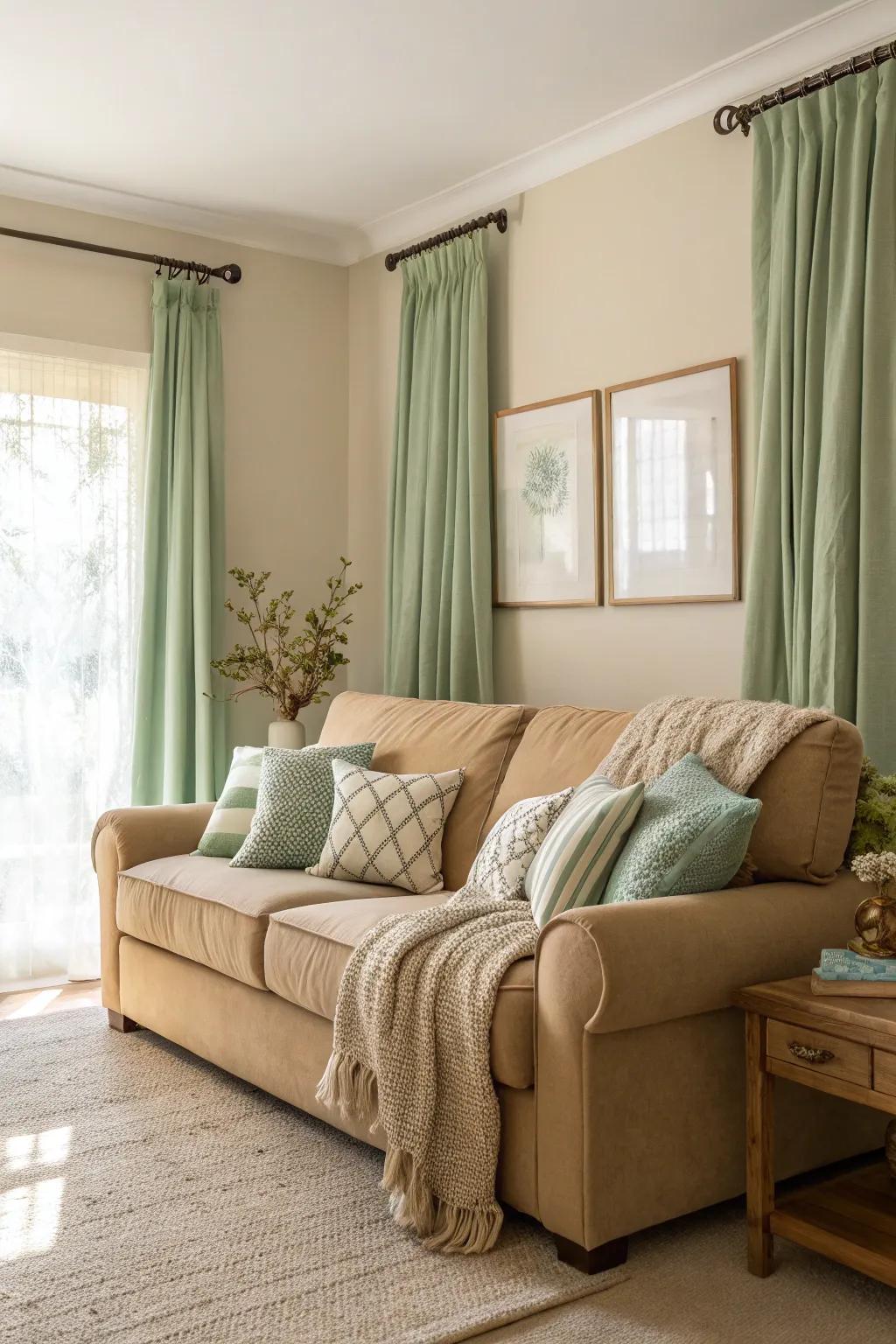 Natural tones paired with a beige sofa contribute to a peaceful and serene environment.