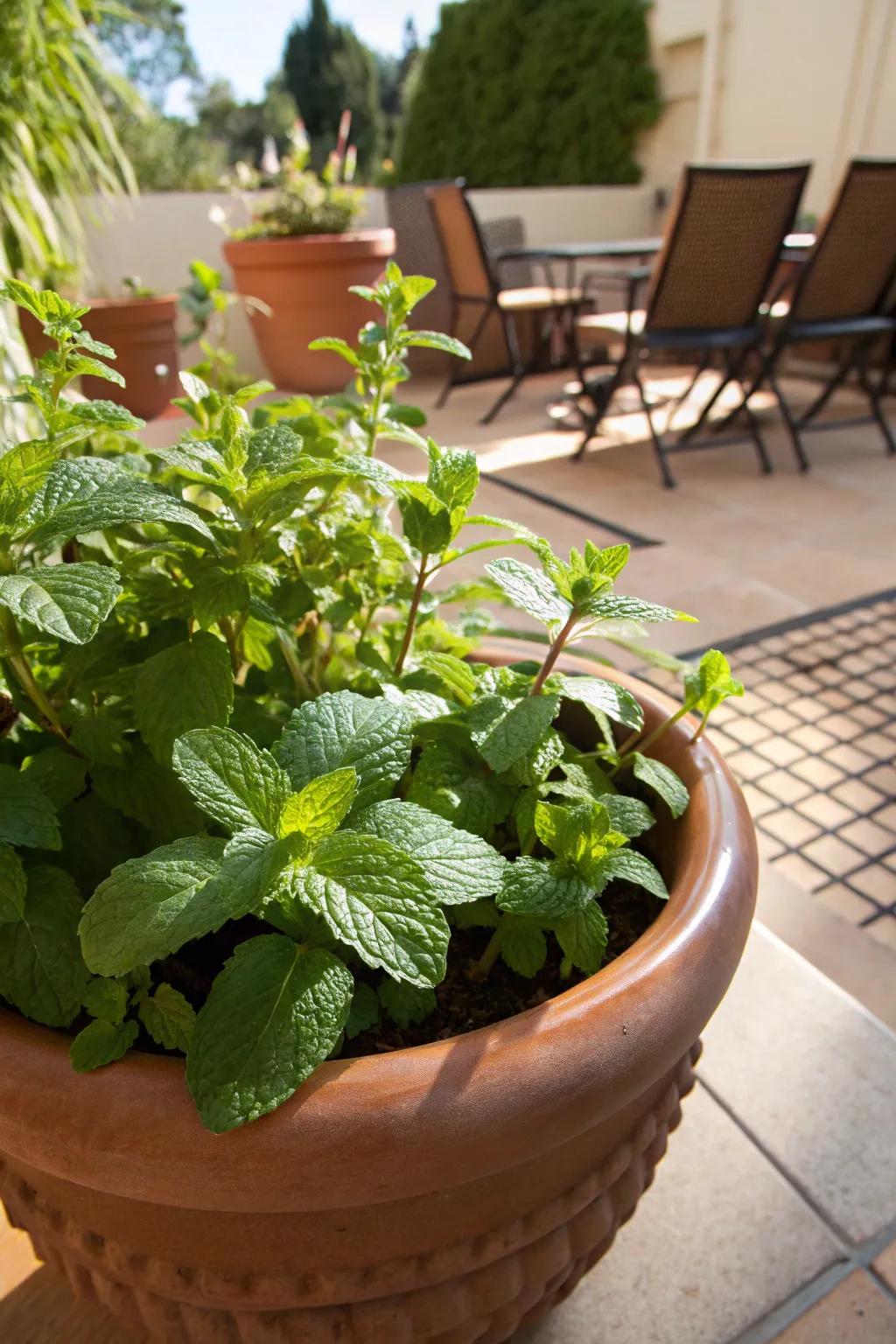 Lush mint sprigs displayed in a terracotta pot, prepared for steeping a refreshing cup of tea.