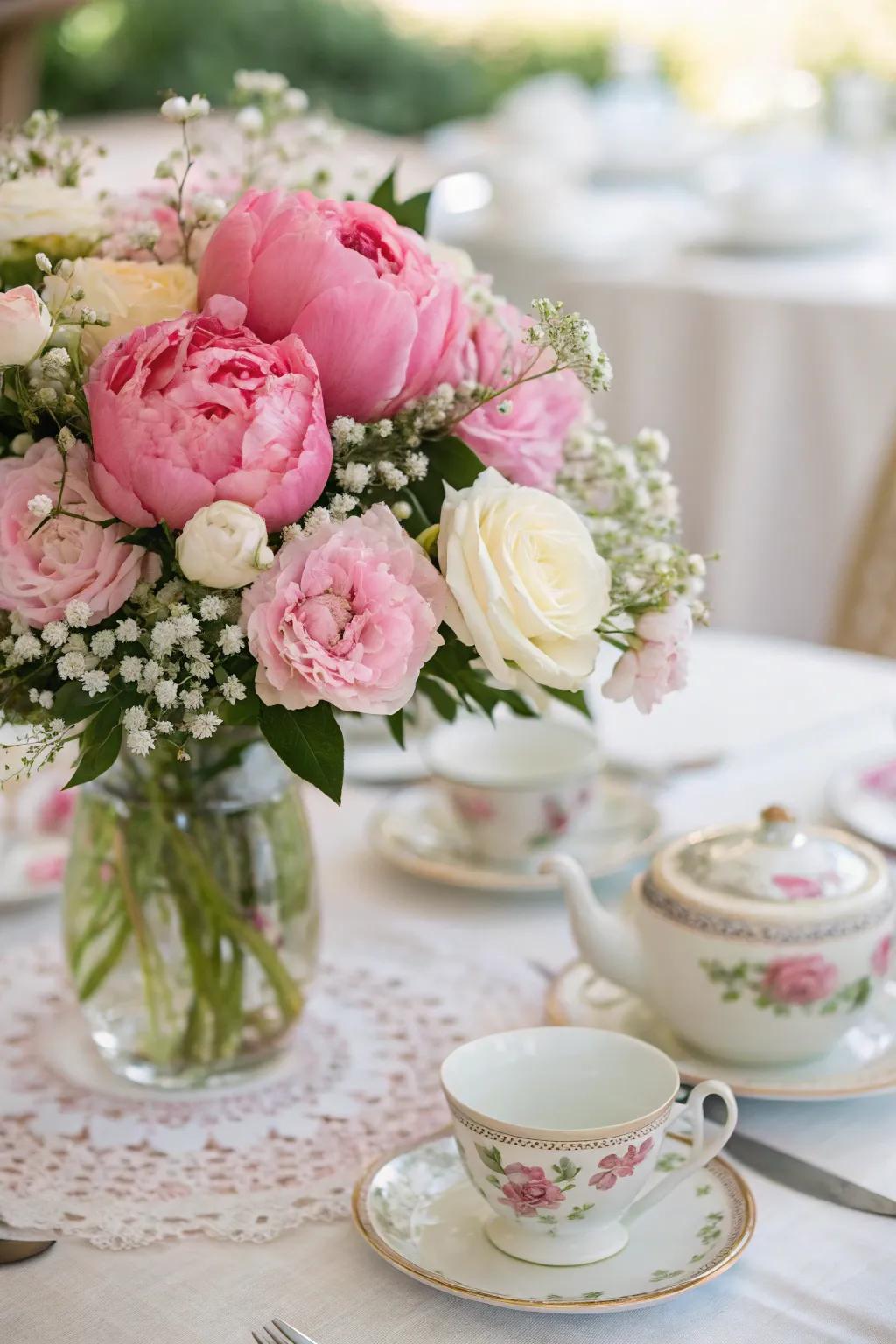 A stunning floral centerpiece featuring pink peonies and white roses.