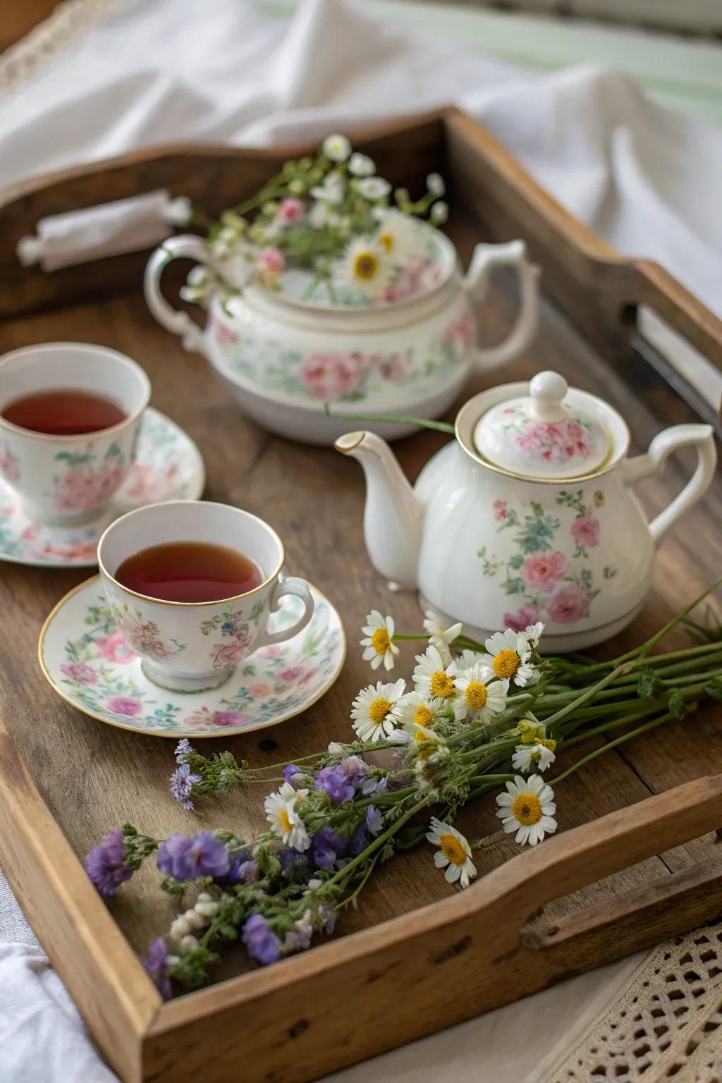 A classic floral tea set displayed elegantly on a natural serving board.