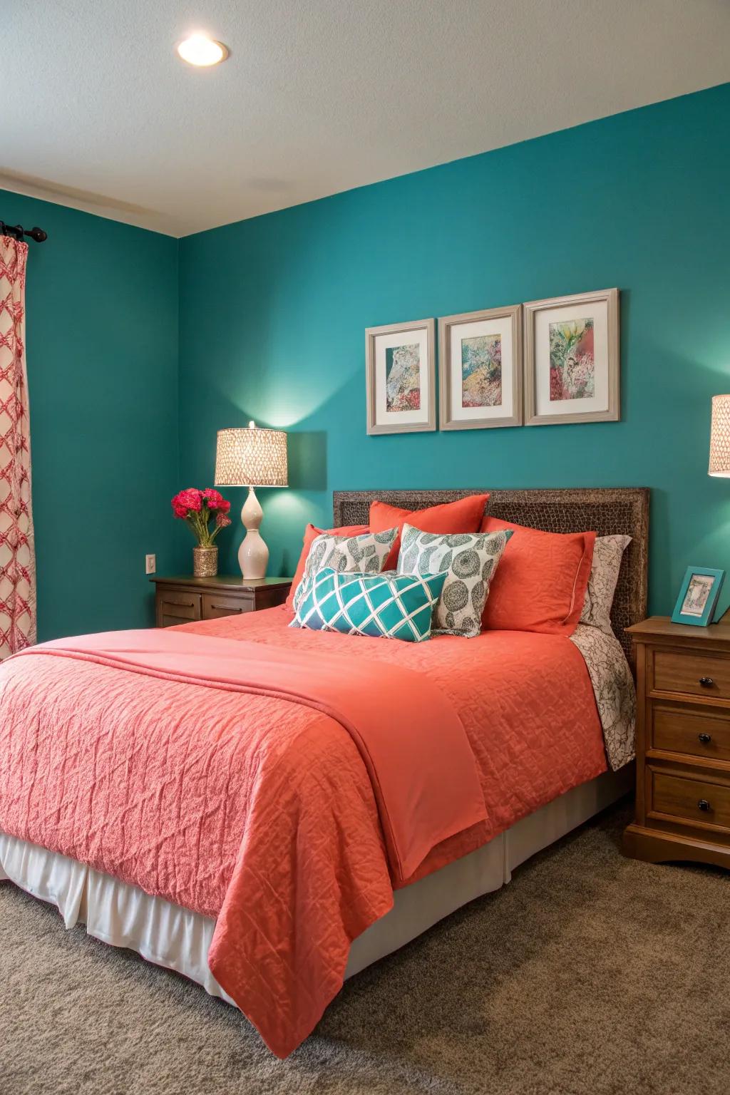 A teal accent wall is wonderfully complemented by coral accents.