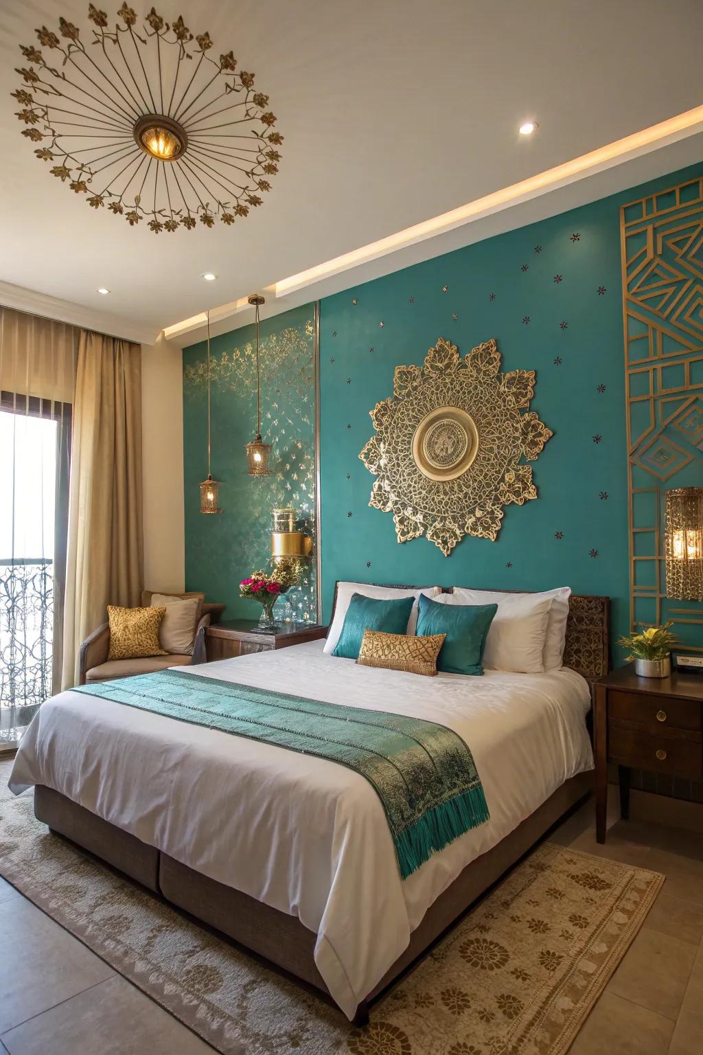 A captivating teal accent wall commands attention in this refined bedroom.