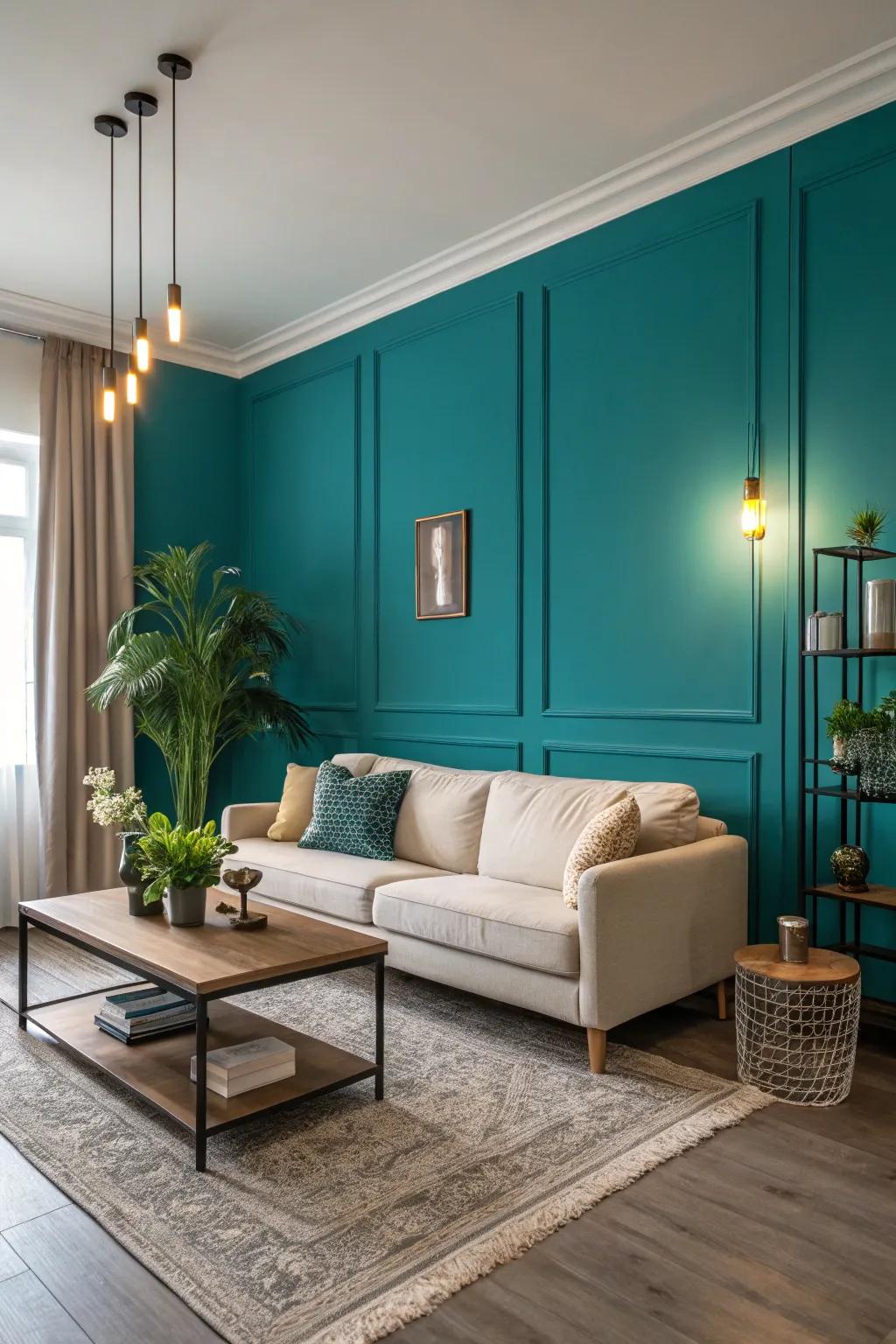 A striking teal accent wall introduces dimension and elegance to this family room.