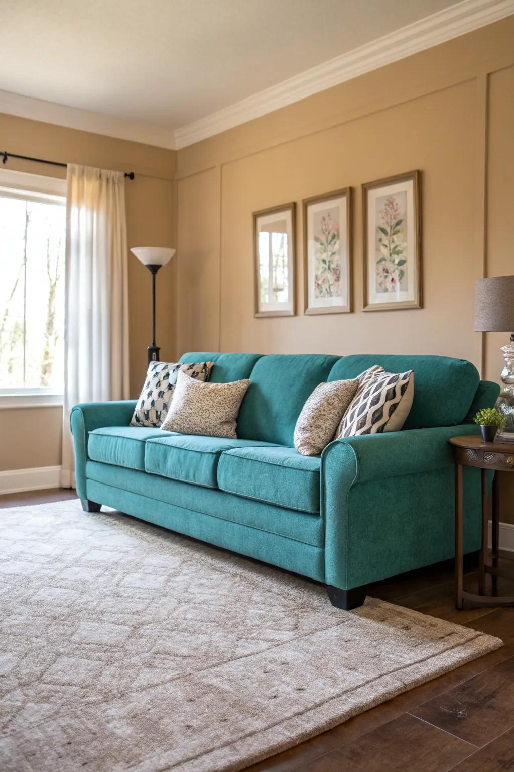A comforting neutral palette elegantly balances the strong presence of a sapphire sofa.