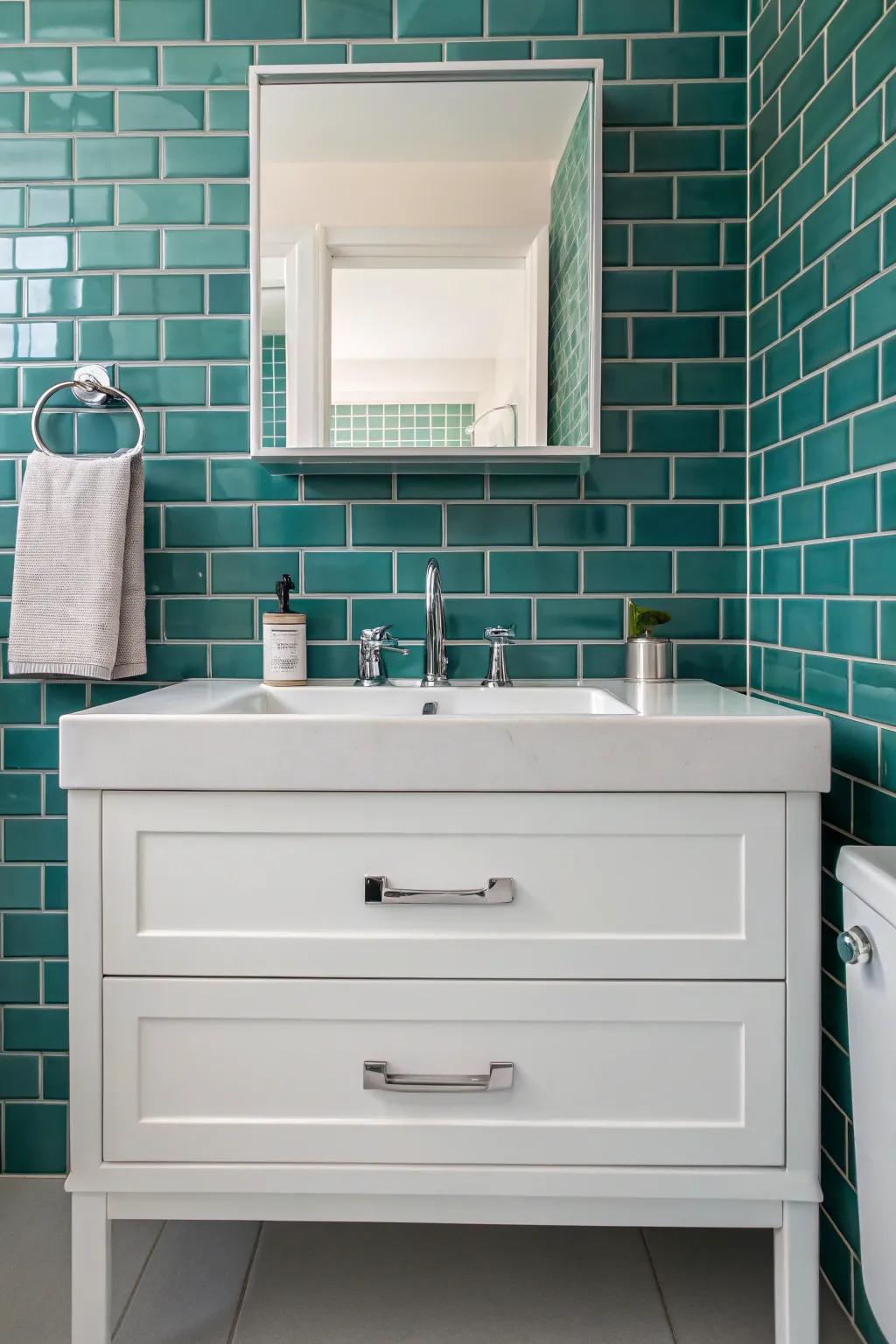 Aqua underway bricks give a classic bathroom design a modern spin.