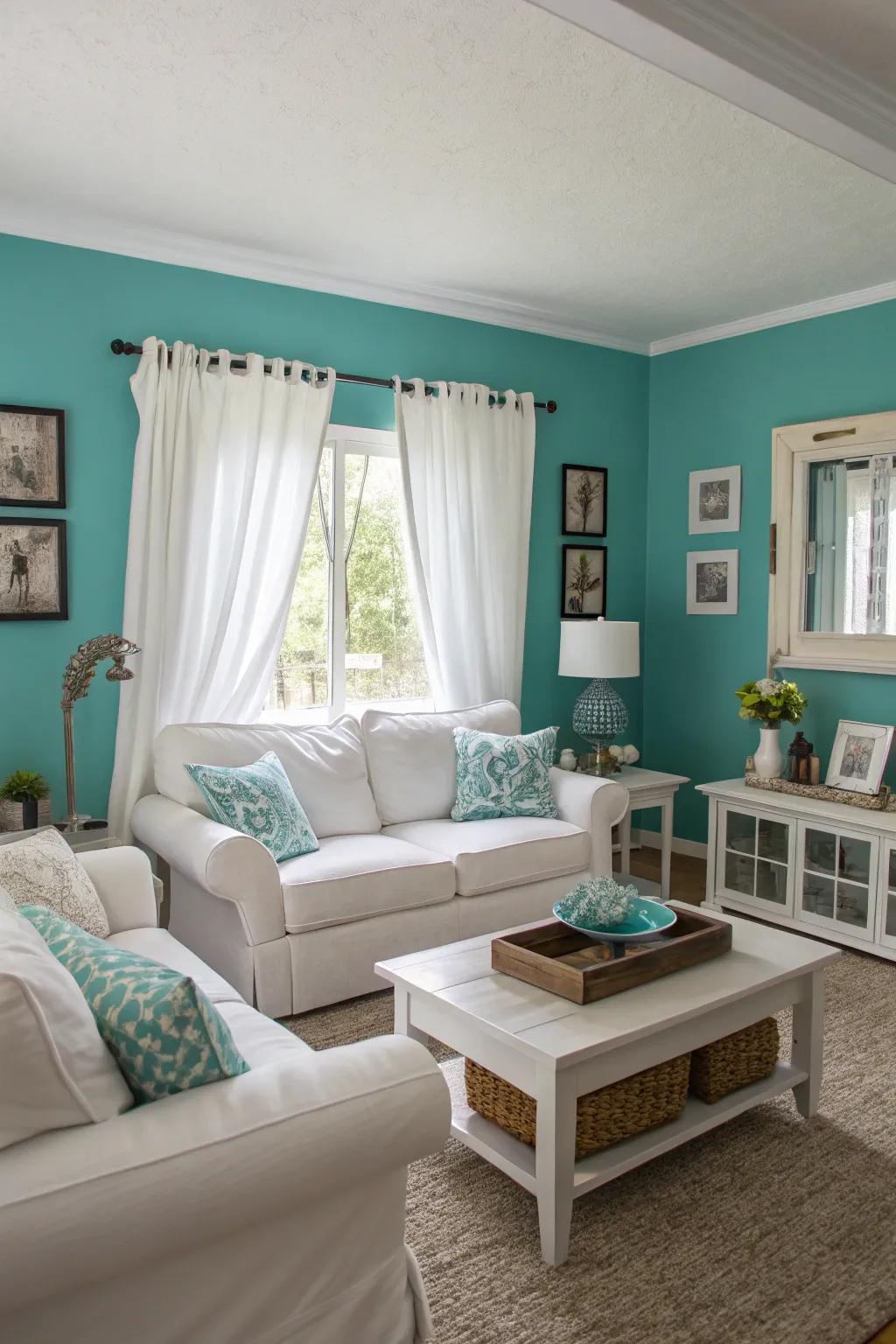 Teal walls present a striking image, harmonized by pure white features.