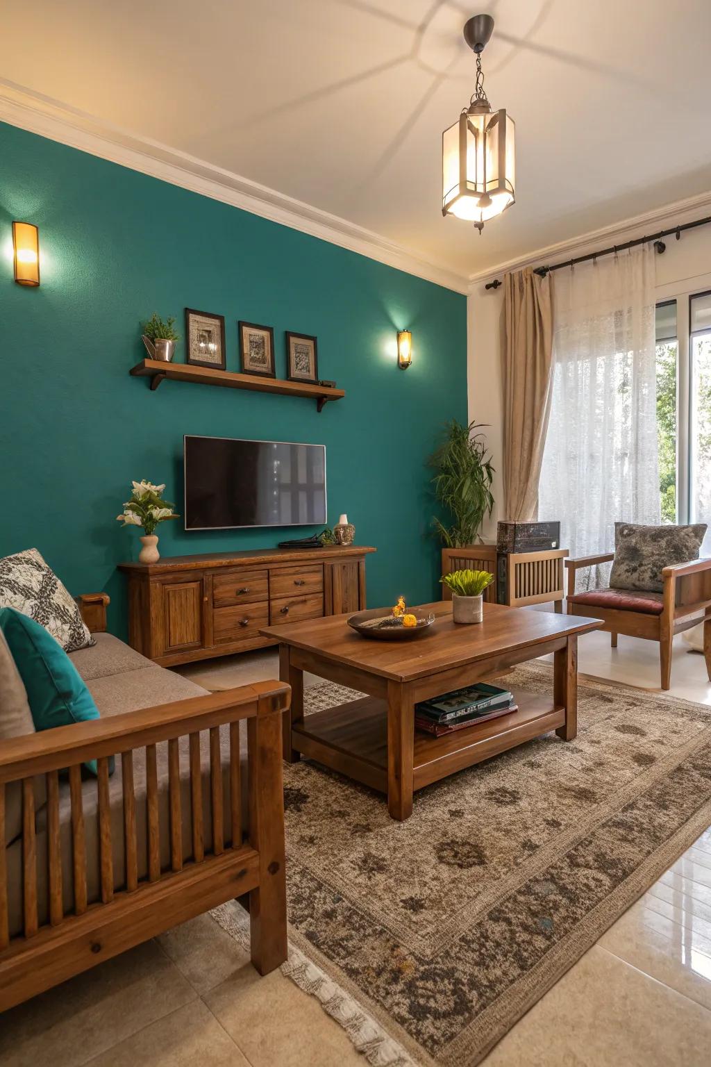 A living room featuring a teal accent wall, beautifully complemented by wooden furniture.