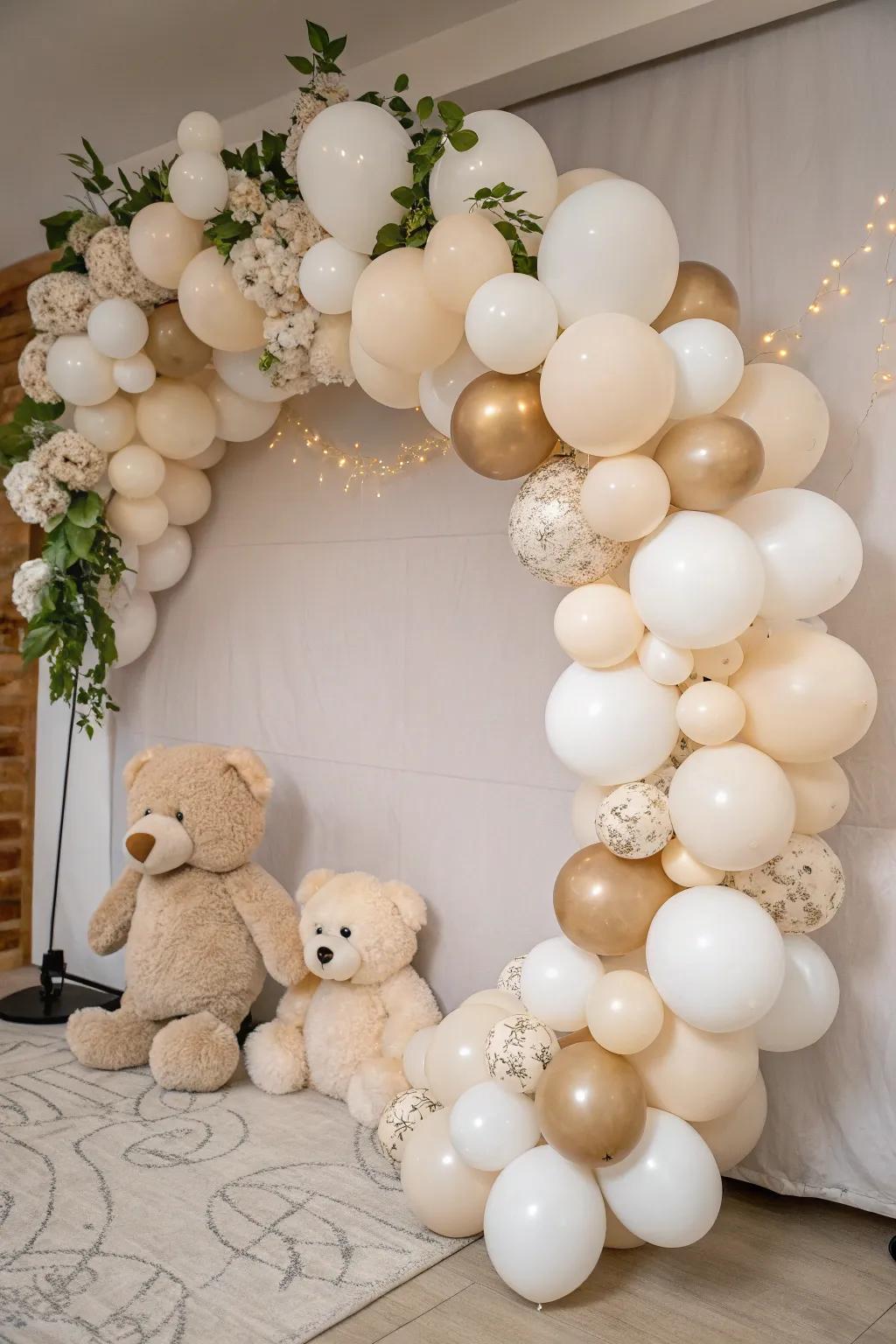 An exquisite balloon arch enriches the teddy bear-themed party with a hint of class.