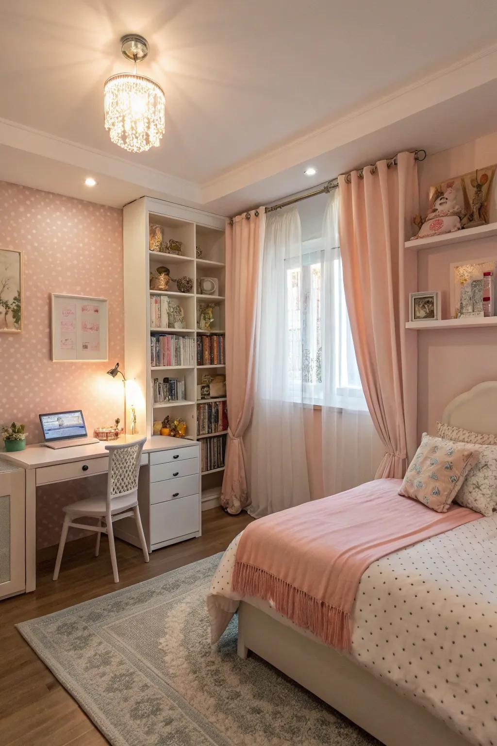 A peaceful teenage girl's bedroom showcasing delicate pastel shades for a soothing atmosphere.