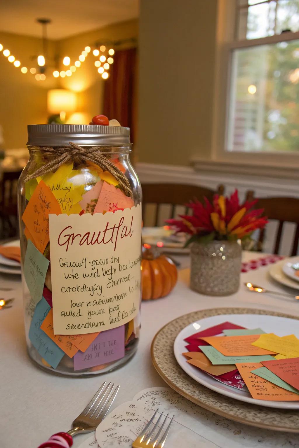 A thankfulness receptacle encircled by vibrant notes, ideal for Thanksgiving reflections.