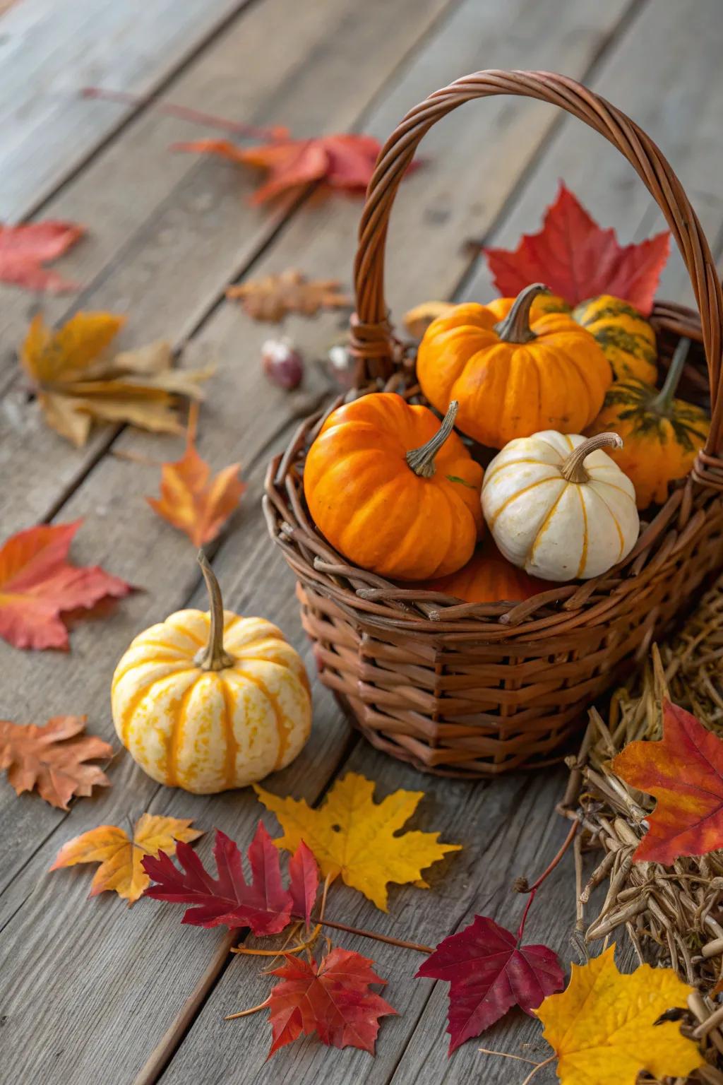A basket embodying the essence of fall with squashes and gourds.