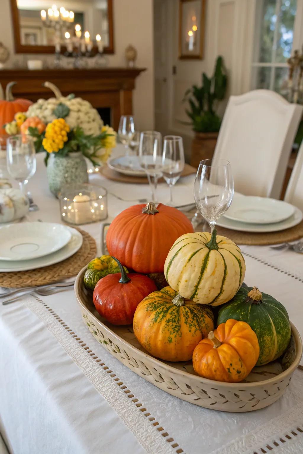 An assortment of white and orange gourds composes a refined centerpiece.