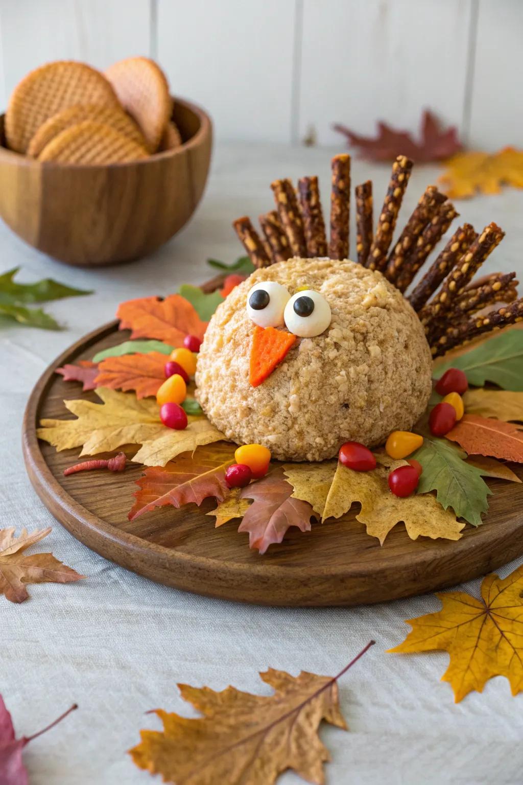 A timeless turkey cheese sphere adorned with crunchy stick feathers.