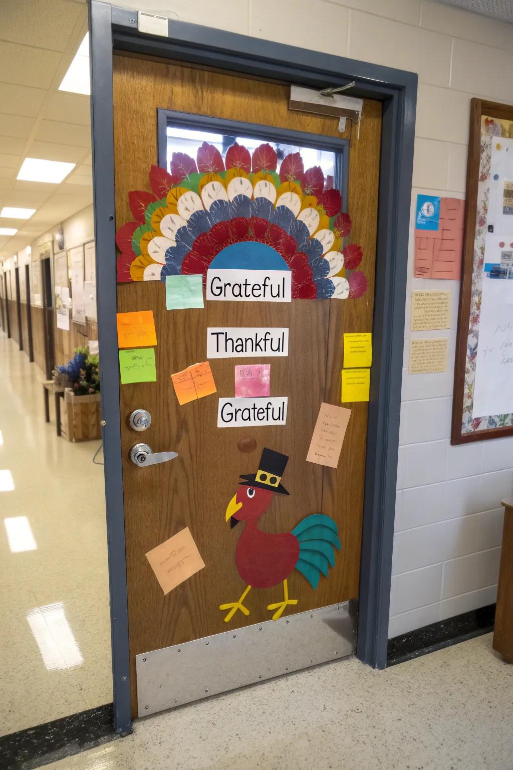 A Grateful Gobbler entryway showcasing quills adorned with thankful sentiments from students.