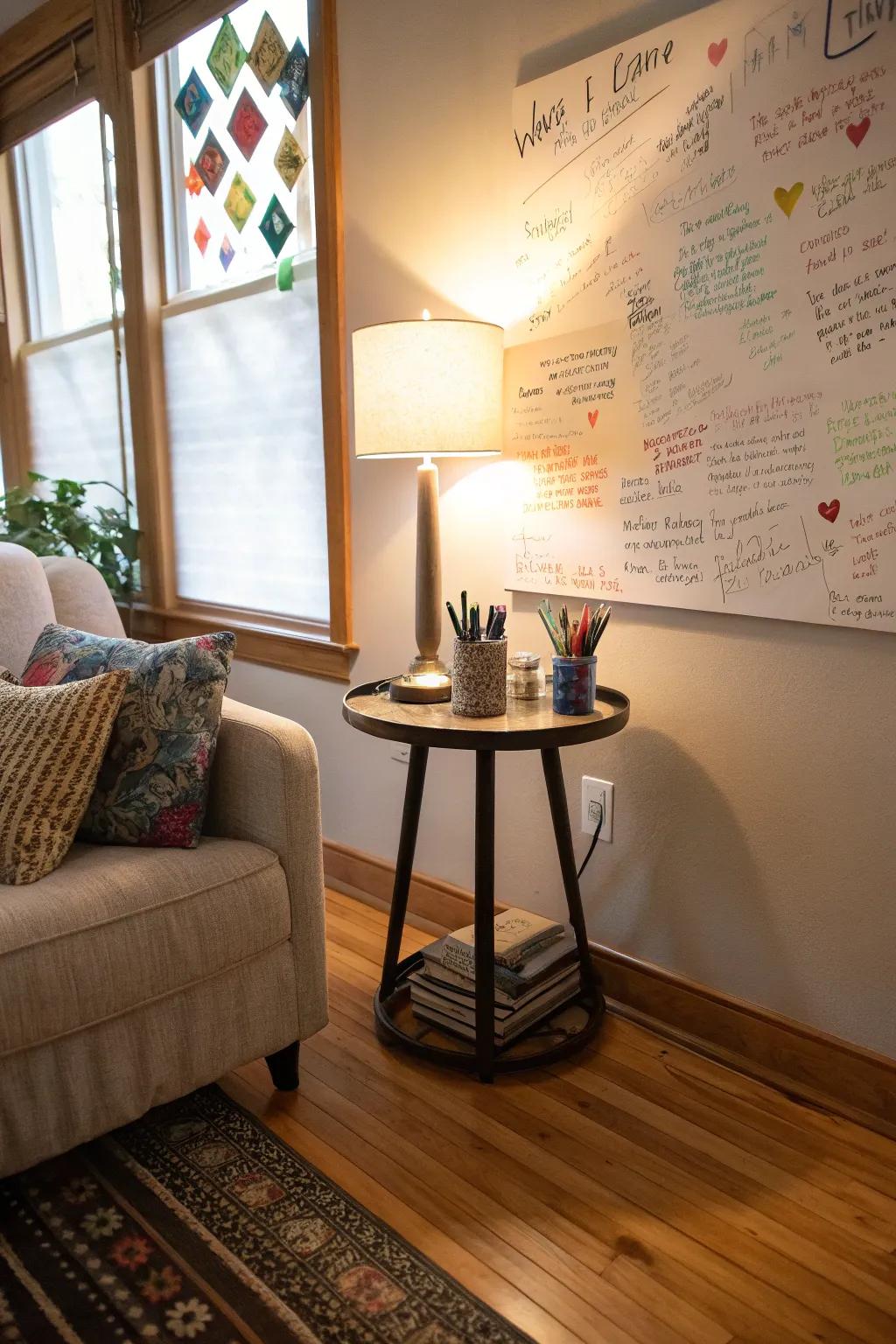 A gratitude nook that encourages reflection and sharing of thoughts.