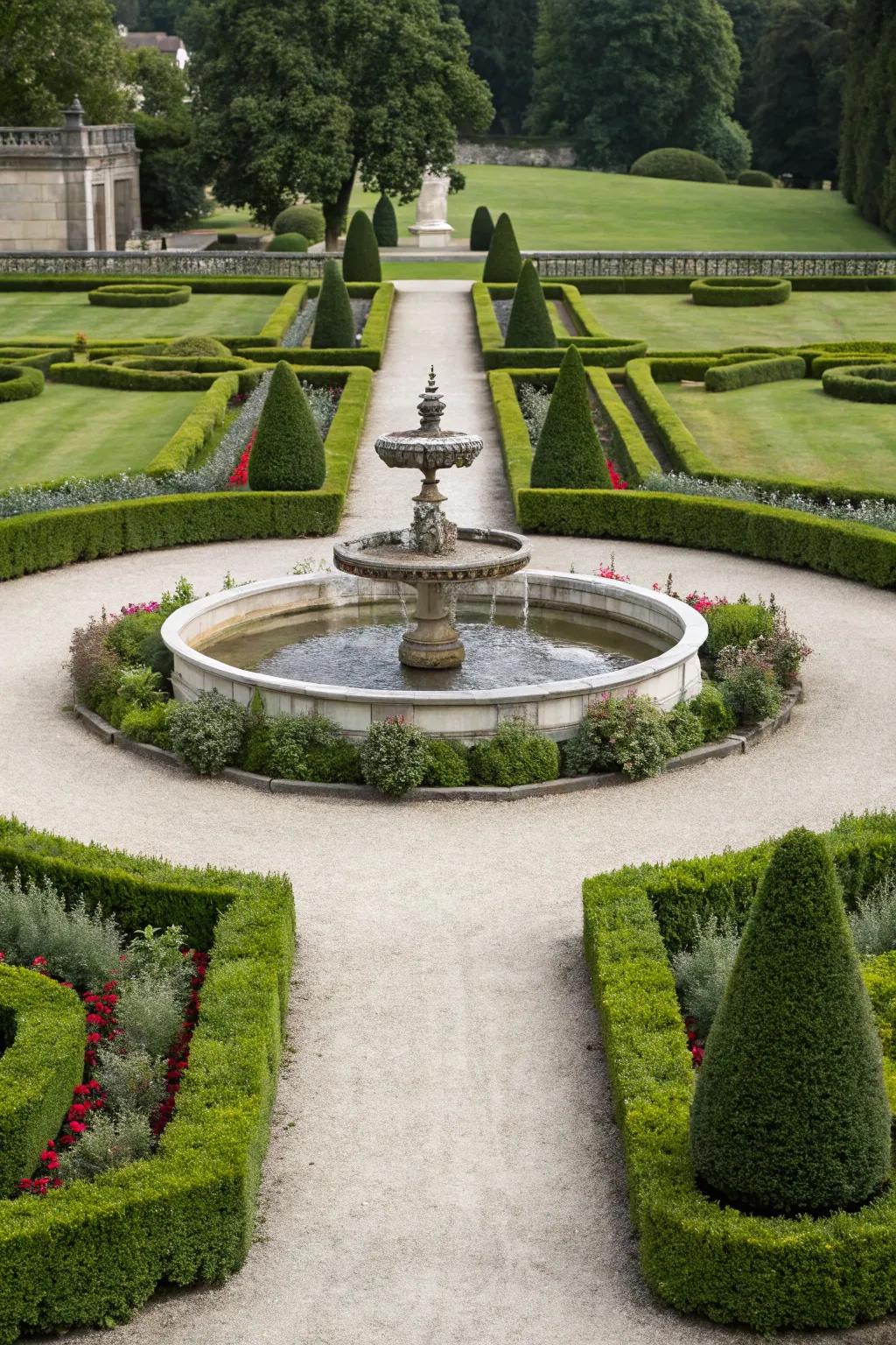 A formal garden showcasing flawlessly aligned hedges and a traditional stone fountain.