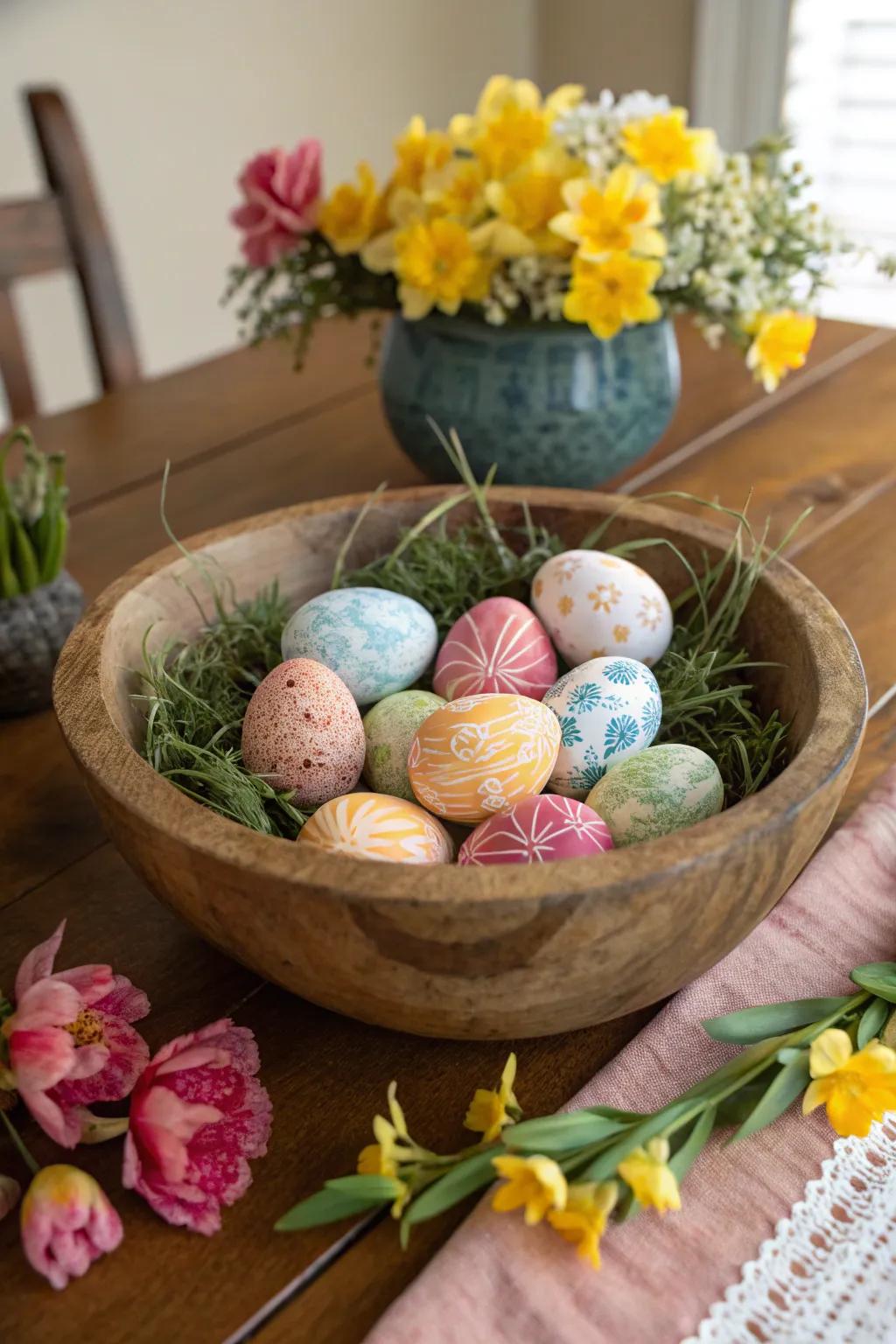 A vibrant display of naturally tinted Easter eggs.